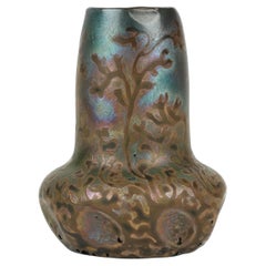 Jarrón de cerámica artística Art Nouveau con motivos de follaje iridiscente, de Clement Massier, Massier Art Pottery