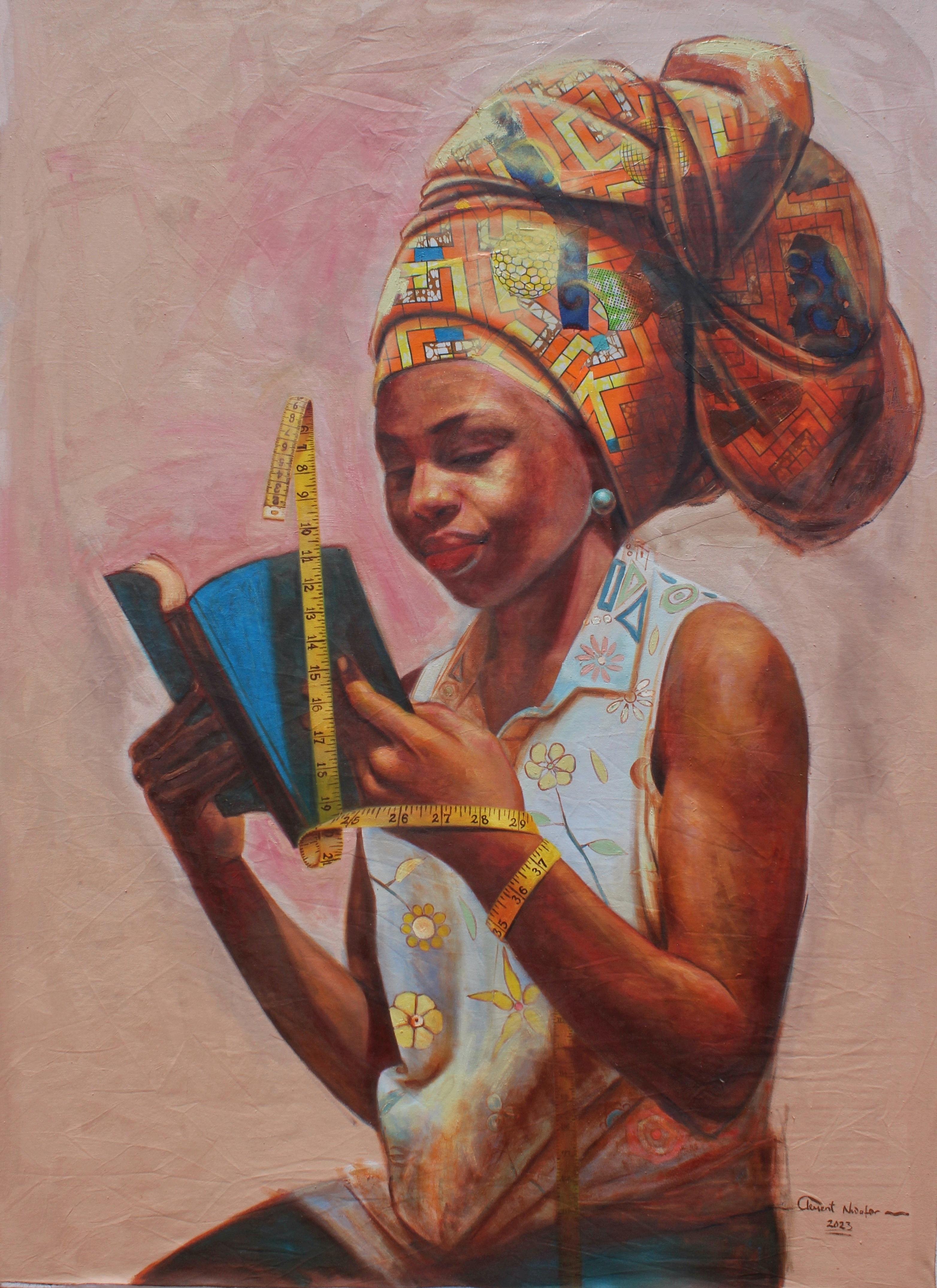 Chronometry -21st Century, Contemporary, Figurative Portrait, Oil, Women Fabrics - Mixed Media Art by Clement Mmaduako Nwafor
