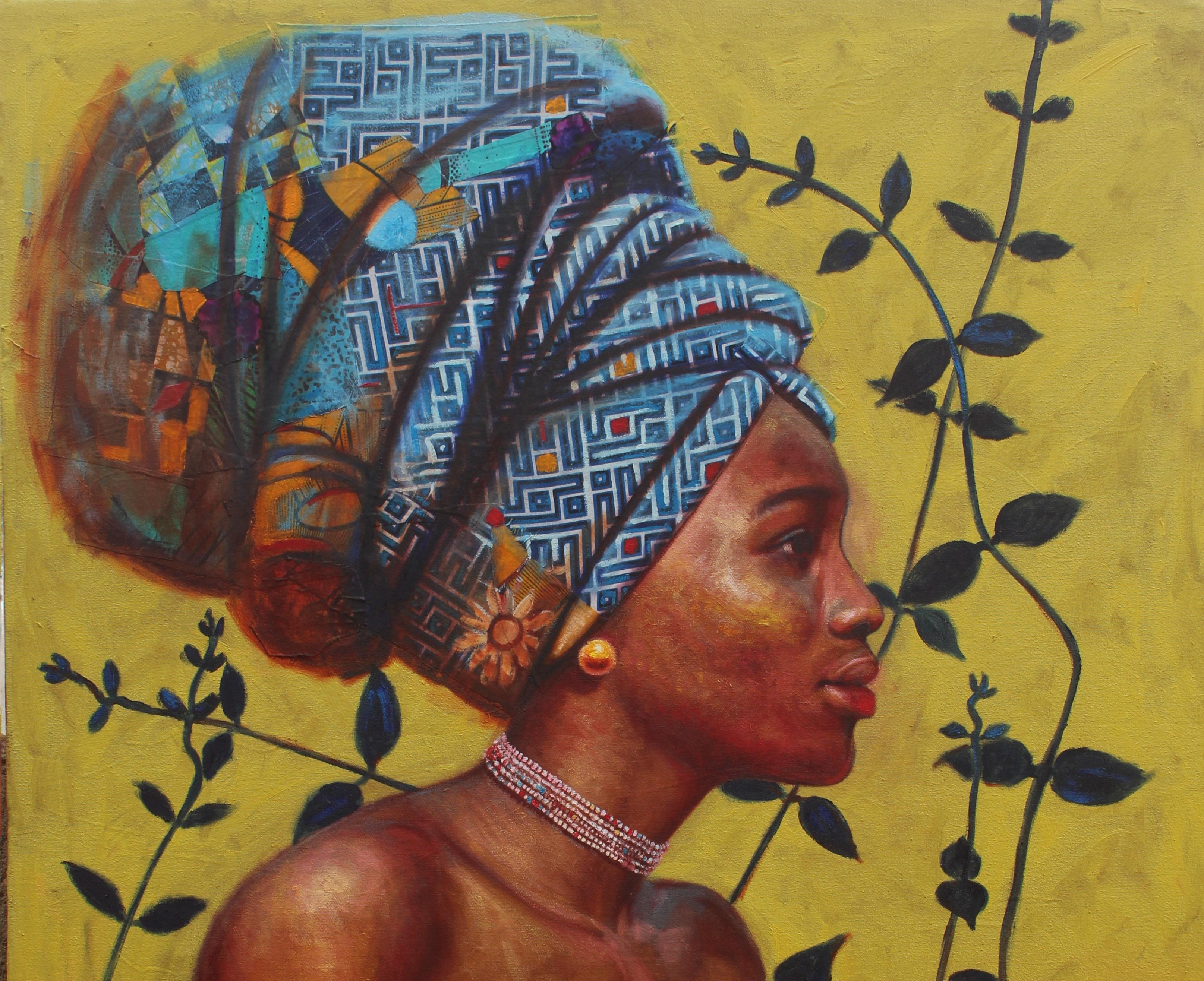 Halo of Blooms - 21° Secolo, Contemporaneo, Figurativo, Olio, Tessuti da donna - Painting di Clement Mmaduako Nwafor