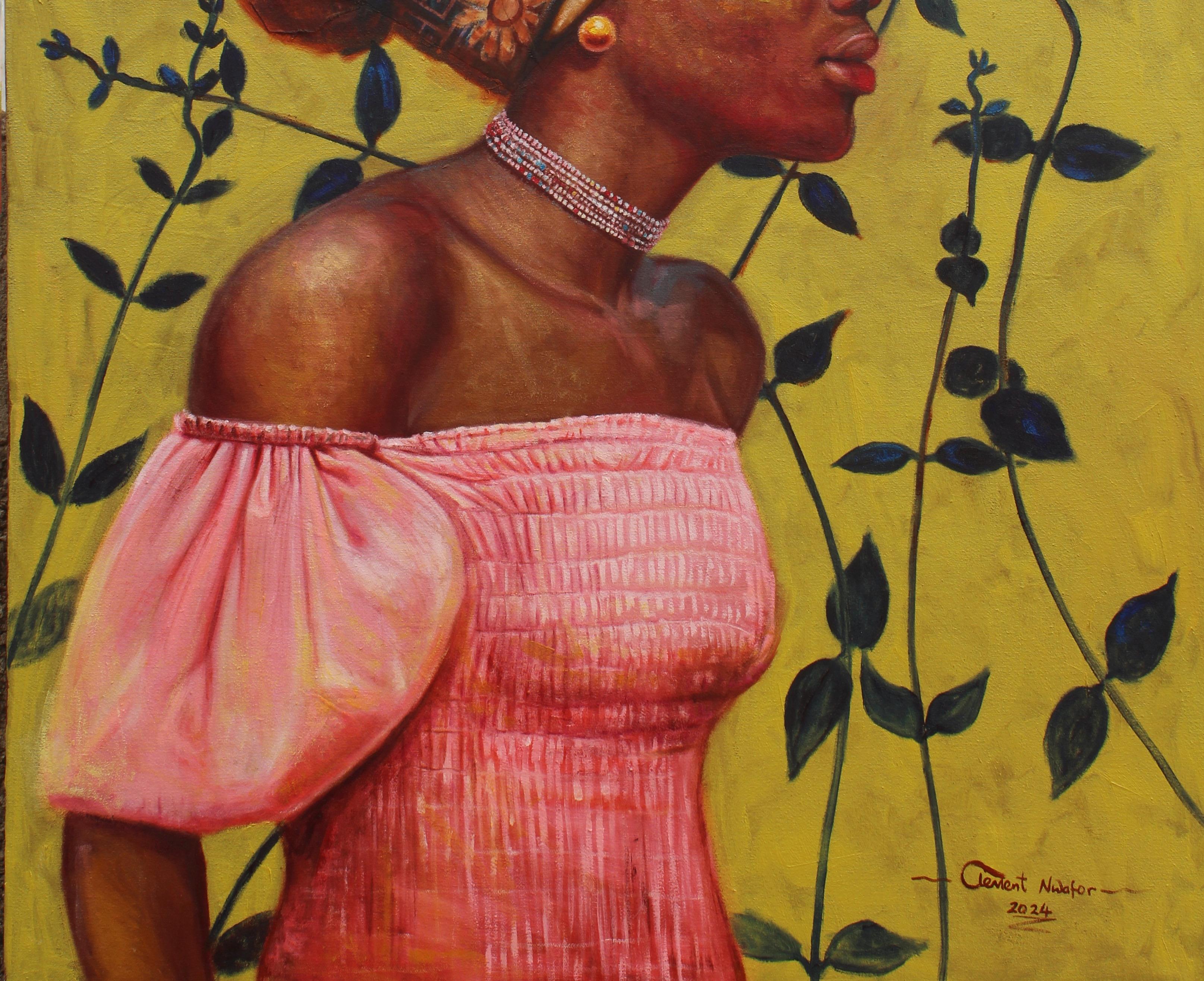Halo of Blooms - 21° Secolo, Contemporaneo, Figurativo, Olio, Tessuti da donna - Figurative Painting Marrone di Clement Mmaduako Nwafor