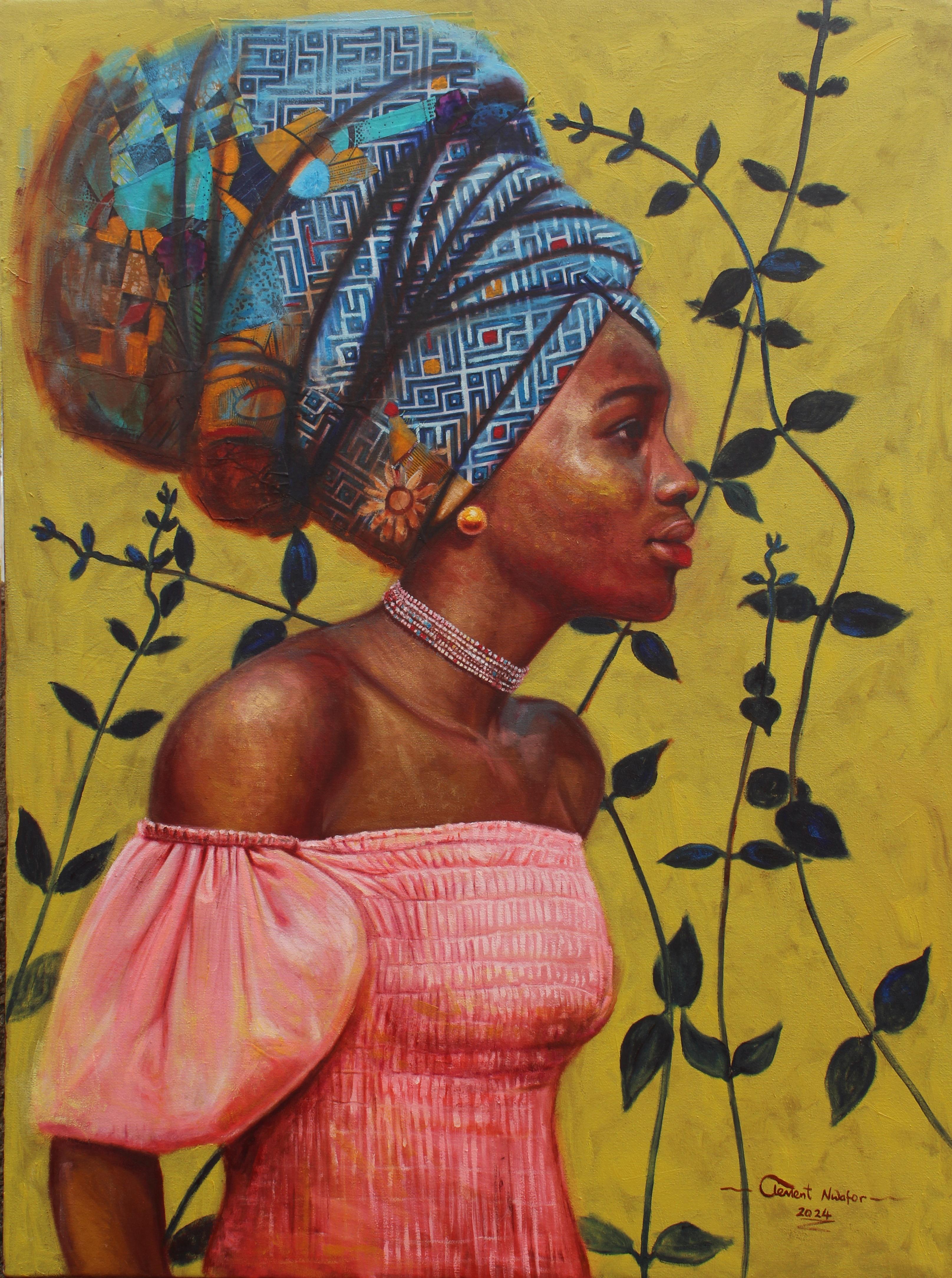 Figurative Painting di Clement Mmaduako Nwafor - Halo of Blooms - 21° Secolo, Contemporaneo, Figurativo, Olio, Tessuti da donna