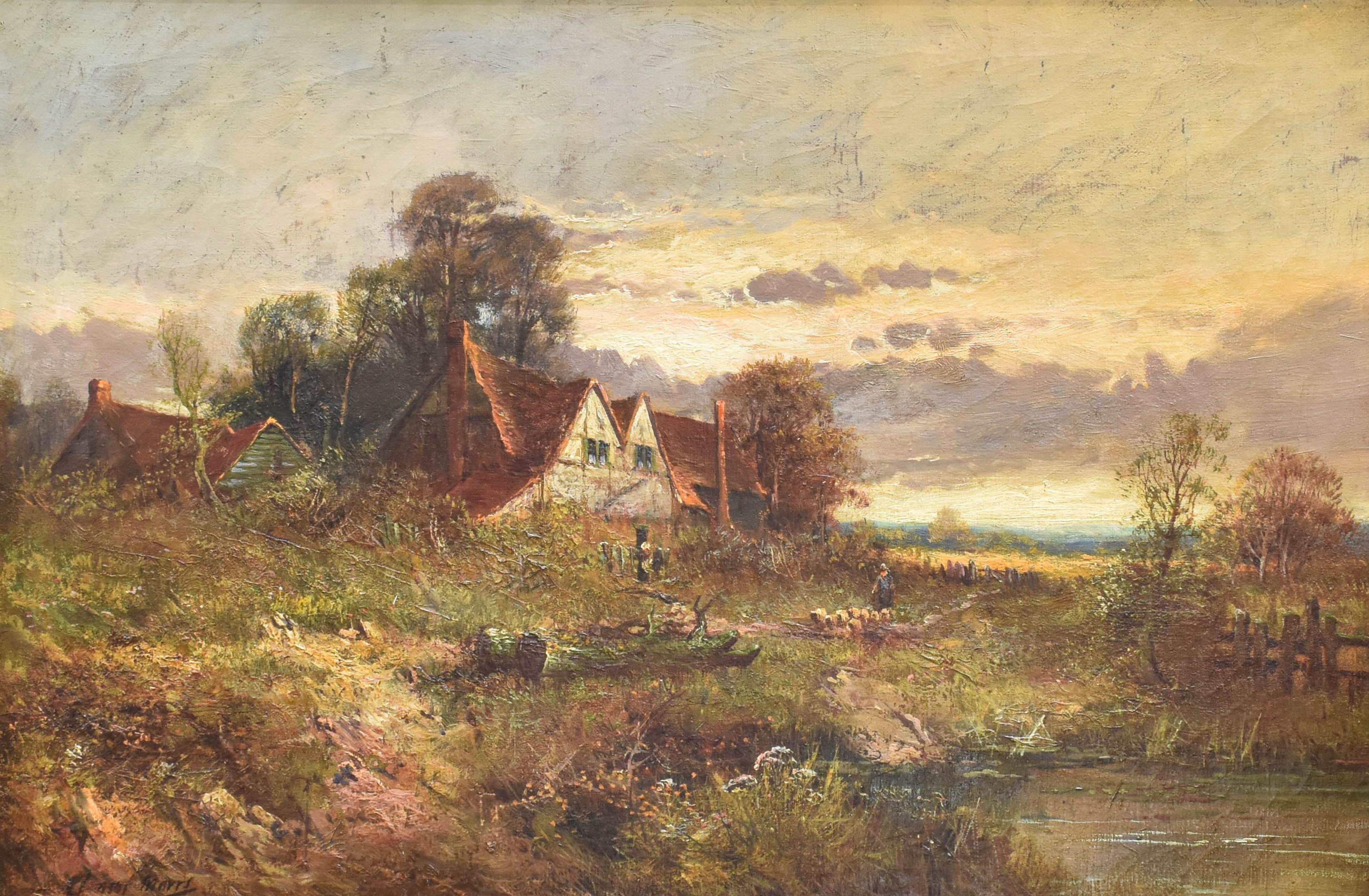 Antique English Signed Oil Sunset Rural Farm house near Bishops Stortford - Painting by Clement Morris