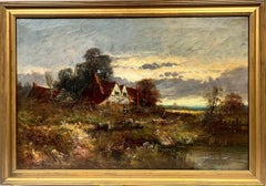 Antique English Signed Oil Sunset Rural Farm house near Bishops Stortford