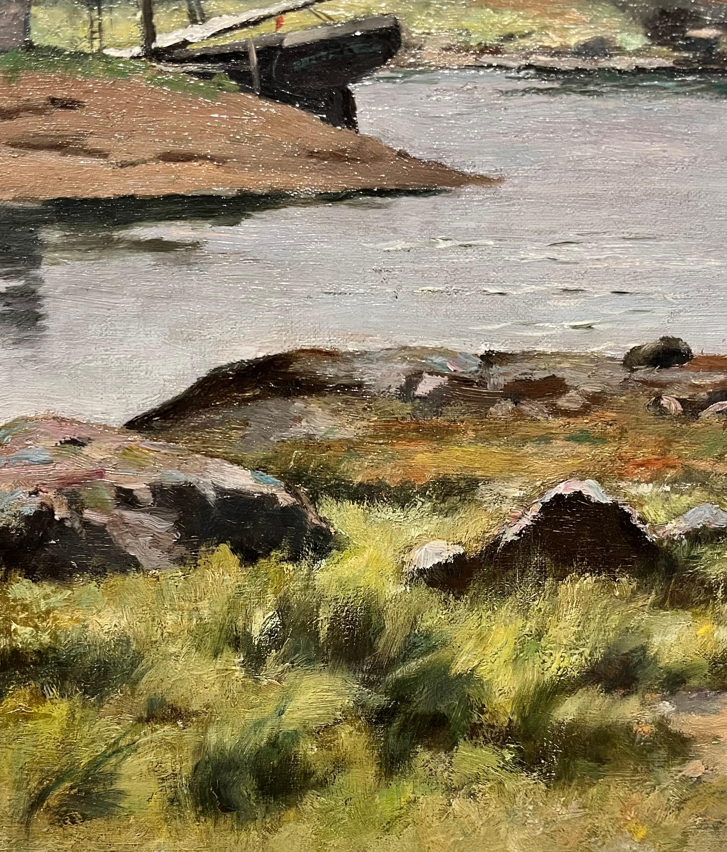This painting titled A Quiet Day of Fishing by Clement Rollins Grant captures a serene moment along a sunlit shoreline. At the center, a barefoot boy stands with his back turned, carefully holding a model sailboat in his hands. His straw hat casts a