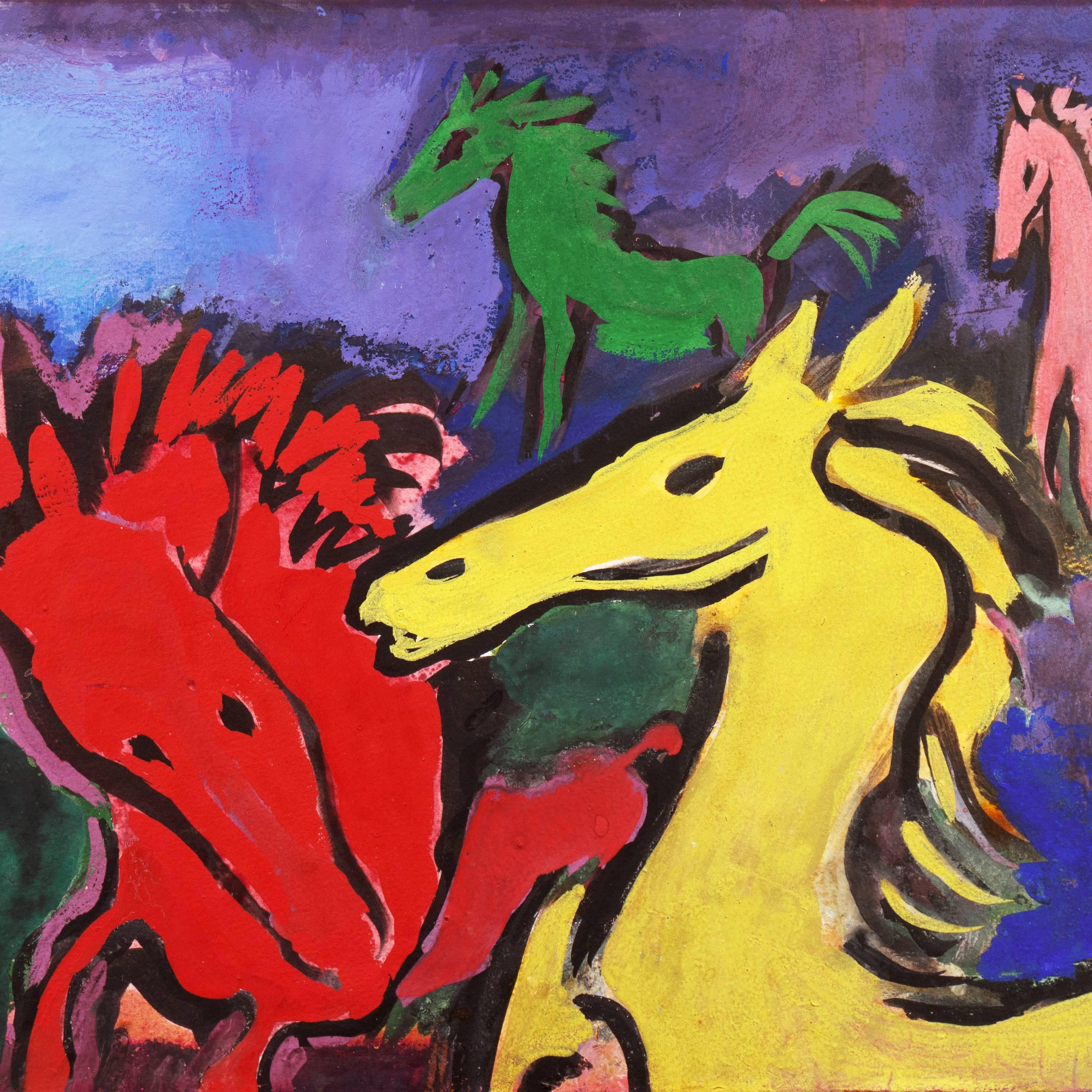 'Ponies Dancing' California Post-Impressionist, San Francisco Art Association - Brown Animal Painting by Clement Samuel Wilenchick