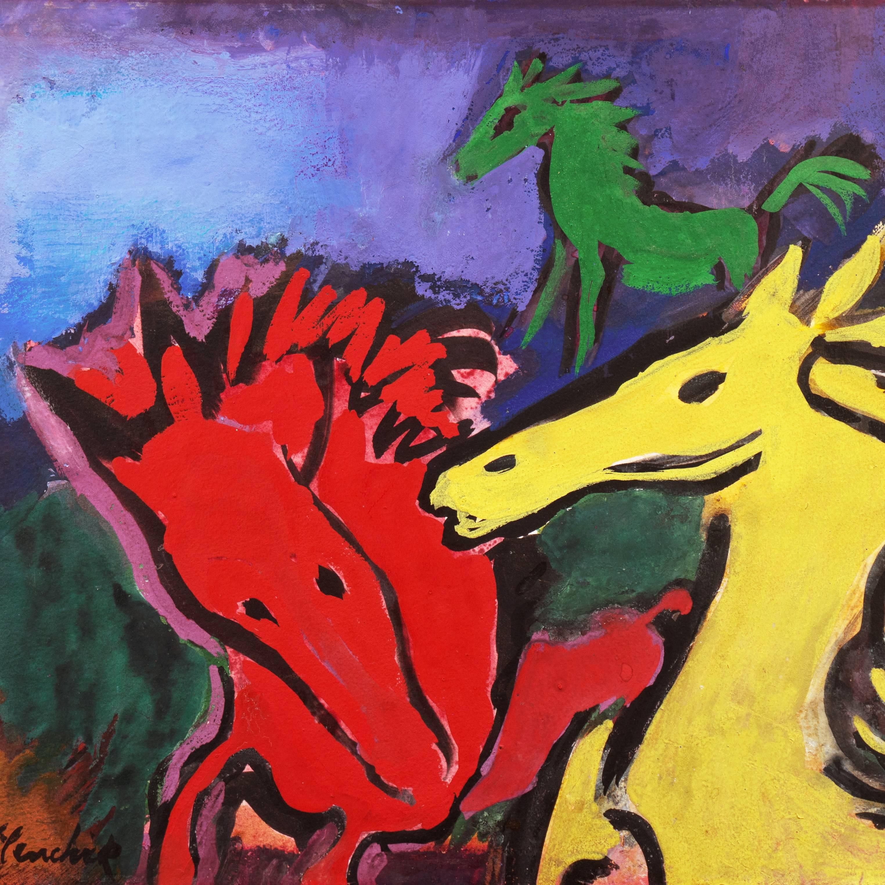Signed lower left, 'Wilenchick' for Clement Samuel Wilenchick (American, 1900-1957) and painted circa 1955.

A dynamic, post-impressionist oil showing horses frolicking together against a misty blue sky.

Born in New York City, Clement Wilenchick