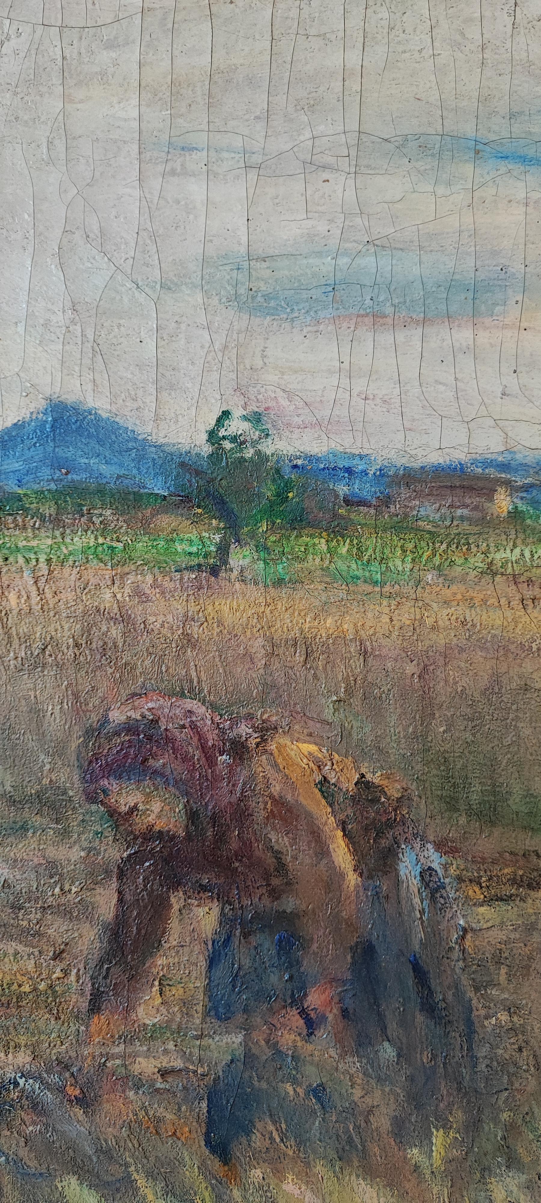 Frau auf dem Feld (Grau), Landscape Painting, von Clemente Pugliese-Levi