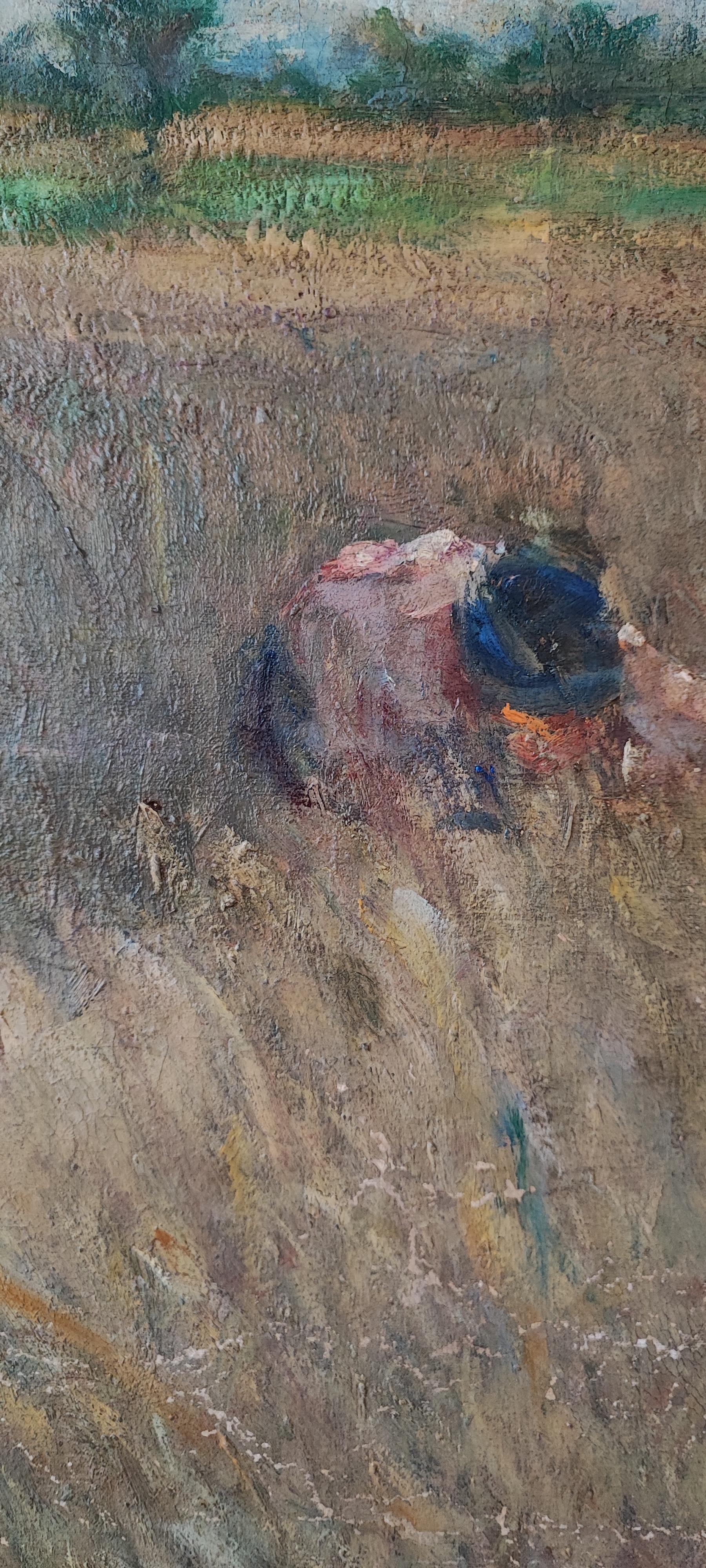 Arbeiten auf Leinwand
Geformter Rahmen 
Maße mit Rahmen 82 x 109,5 x 7 cm
Dieses Werk fängt die lebendige Szene eines Erntefeldes ein, in dem eine Frau in der Mitte kraftvoll Weizengarben hochhebt und damit Zähigkeit und Entschlossenheit verkörpert.