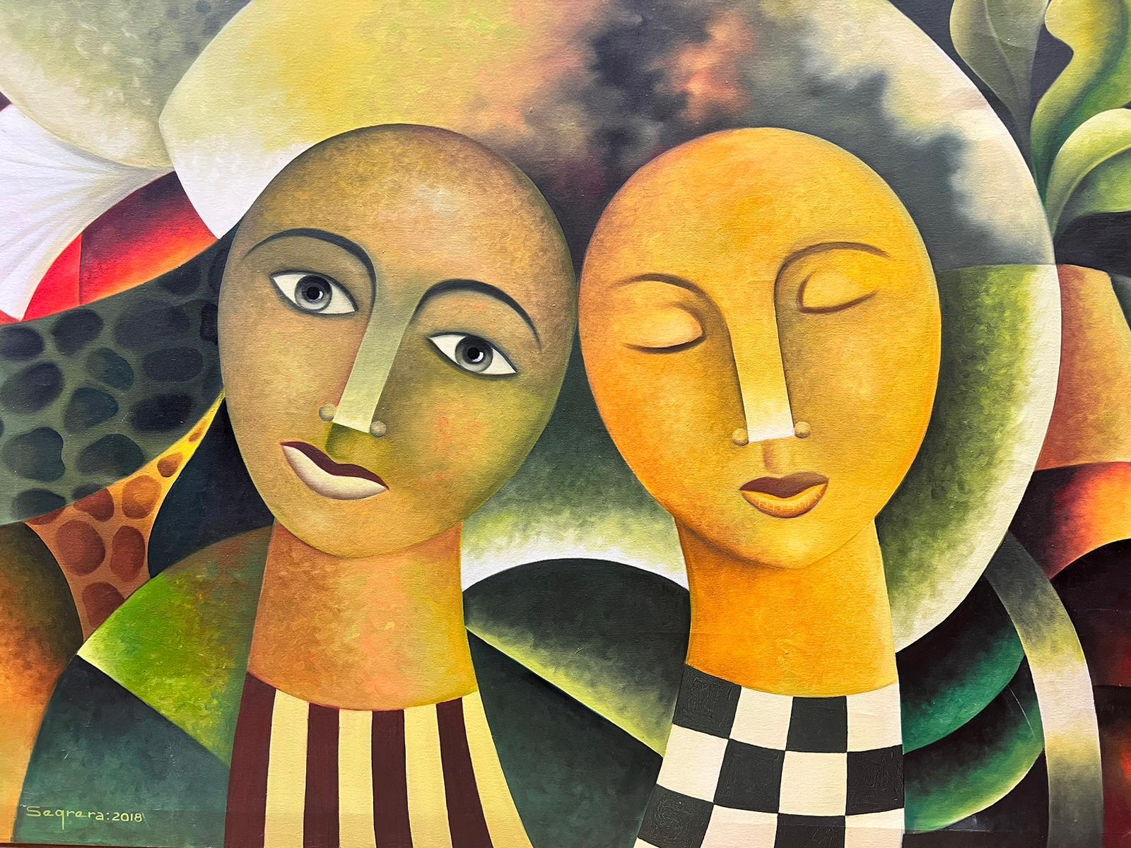 Großes kubanisches modernistisches Gemälde, zwei abstrakte Porträtfiguren, zeitgenössischer Künstler – Painting von Clemente Segrera
