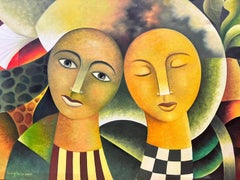Großes kubanisches modernistisches Gemälde, zwei abstrakte Porträtfiguren, zeitgenössischer Künstler