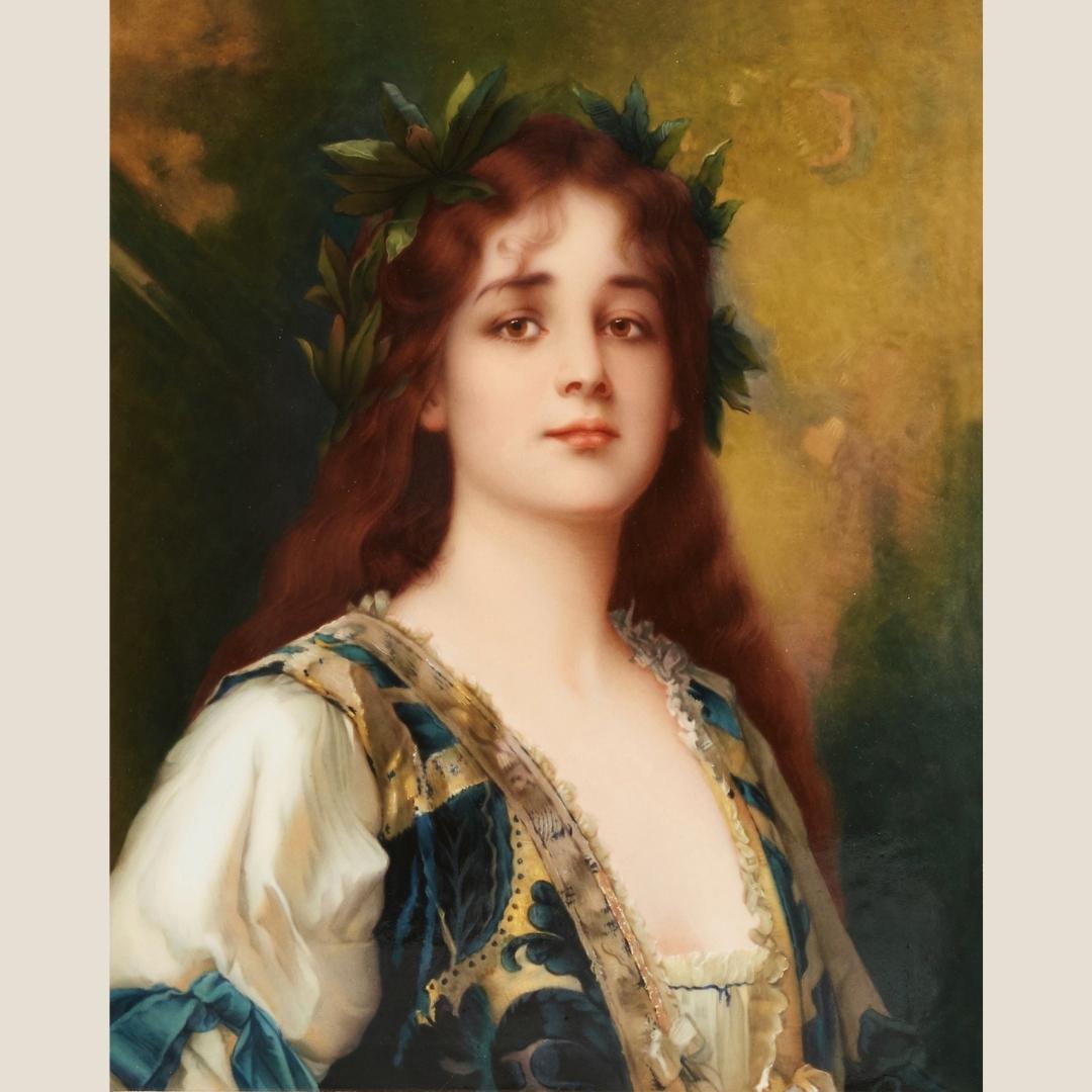 'Clementine', A Large Berlin (KPM) Porcelain Plaque After Conrad Kiesel. In a fine pierced giltwood and composition frame. 

Inscribed 'nach C. Kiesel', impressed sceptre mark, 'KPM', numerals 315, 225, incised numeral 4.

This fine porcelain