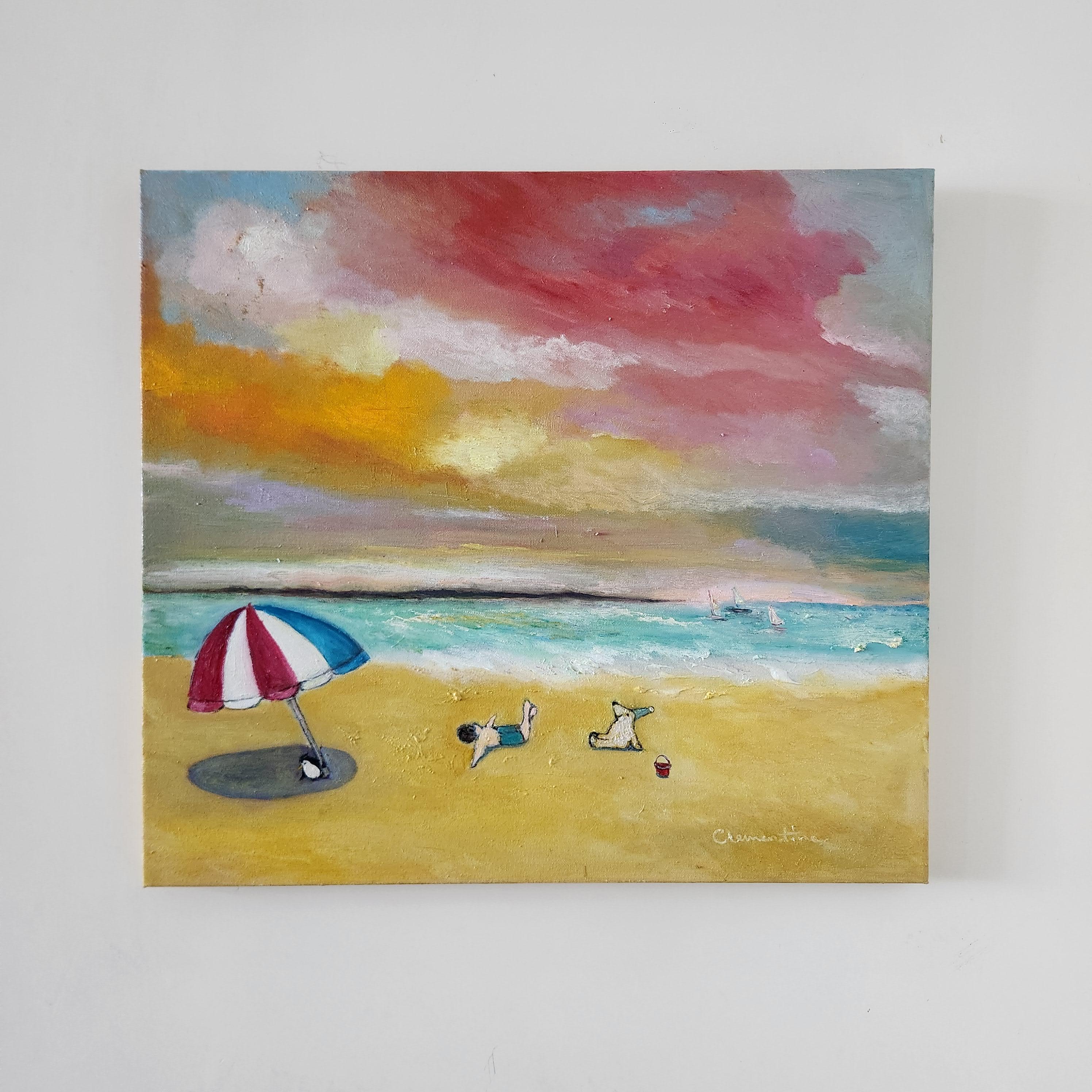 „Ein langer Sommertag“  Seelandschaft Ölgemälde glücklich vibe Meer entspannen Liebe Unternehmen – Painting von Clementine Chan