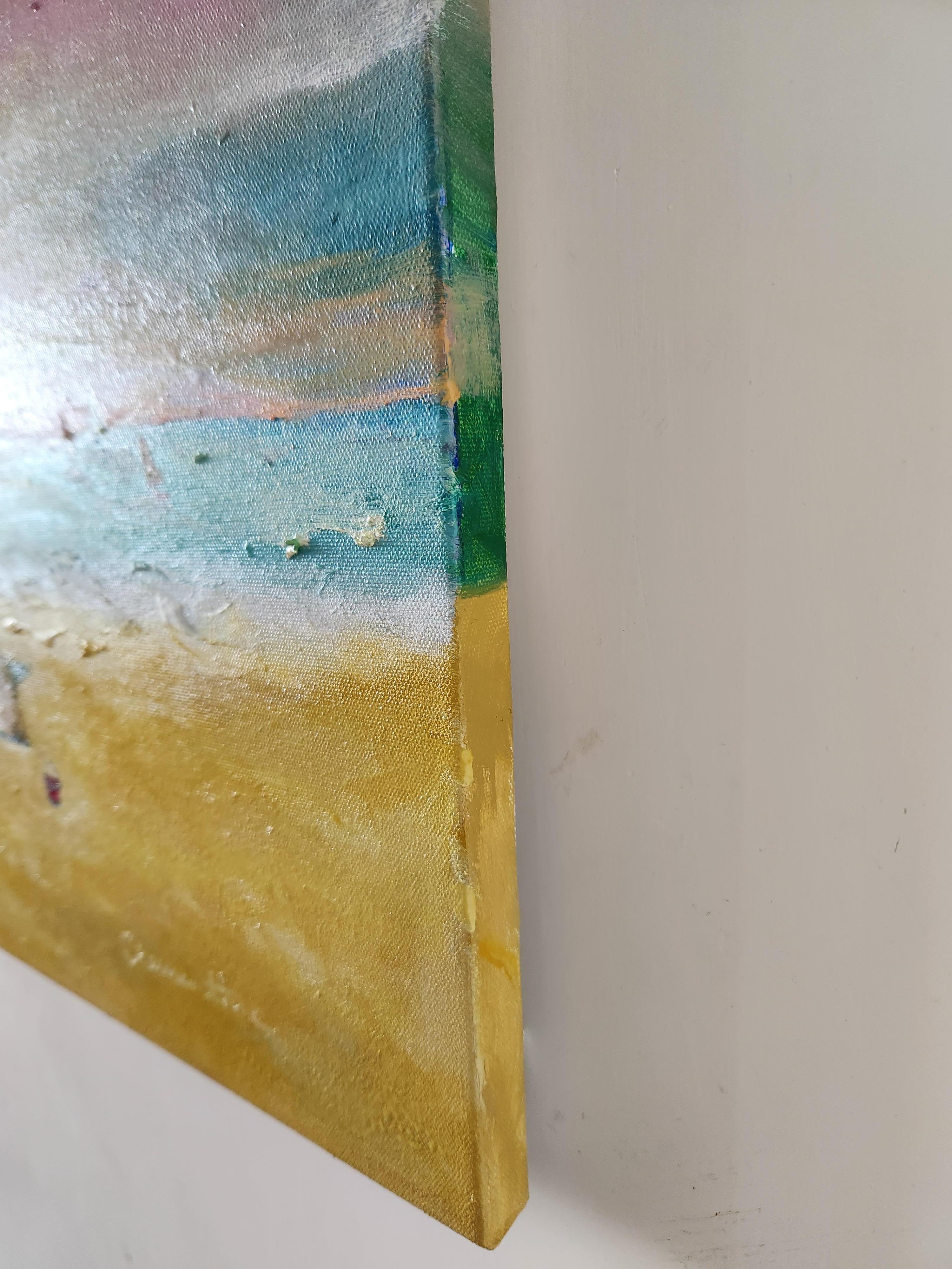 „Ein langer Sommertag“  Seelandschaft Ölgemälde glücklich vibe Meer entspannen Liebe Unternehmen (Zeitgenössisch), Painting, von Clementine Chan