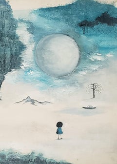 Peinture à l'huile figurative « A Matter of Zen » représentant une jeune fille en train de méditer la lune en rêve