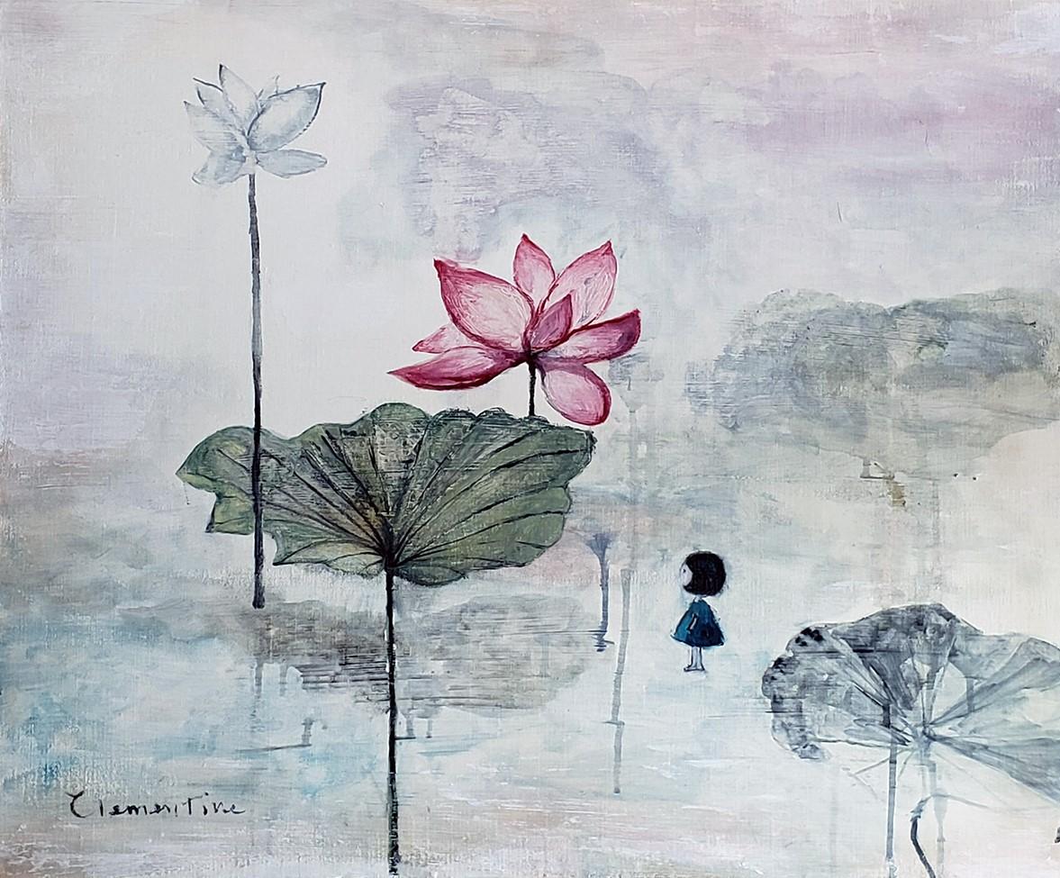 Clementine Chan Figurative Painting - "A World in a Flower" figurative oil painting girl nature dreamy meditation zen