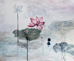 "A World in a Flower" figurative oil painting girl nature dreamy meditation zen
