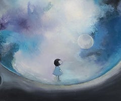 "Blue Moon" figurative oil painting girl nature moon flower dreamy meditation