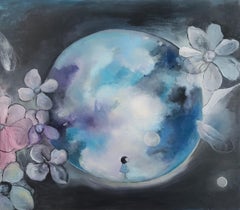 ""Blauer Mond"" figuratives Ölgemälde, Mädchen Natur Mondblume, verträumte Meditation