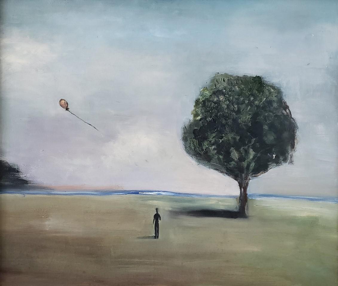 Clementine Chan Figurative Painting - "Gone with the Wind" figurative oil painting balloon let go live in present life