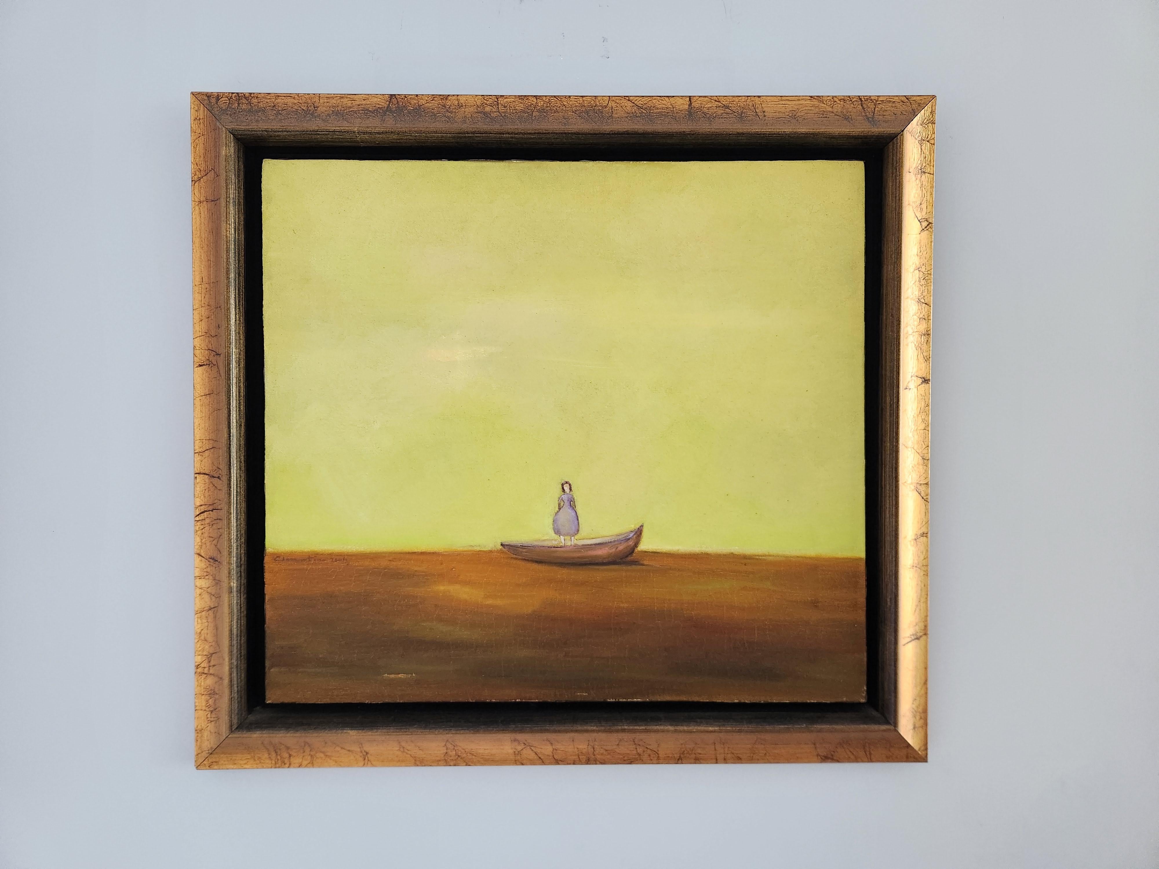 „Rock the Boat“  Ölgemälde, Landschaft, Freiheit, Ruhe, Mädchen, Vertrauen, Liebe – Painting von Clementine Chan