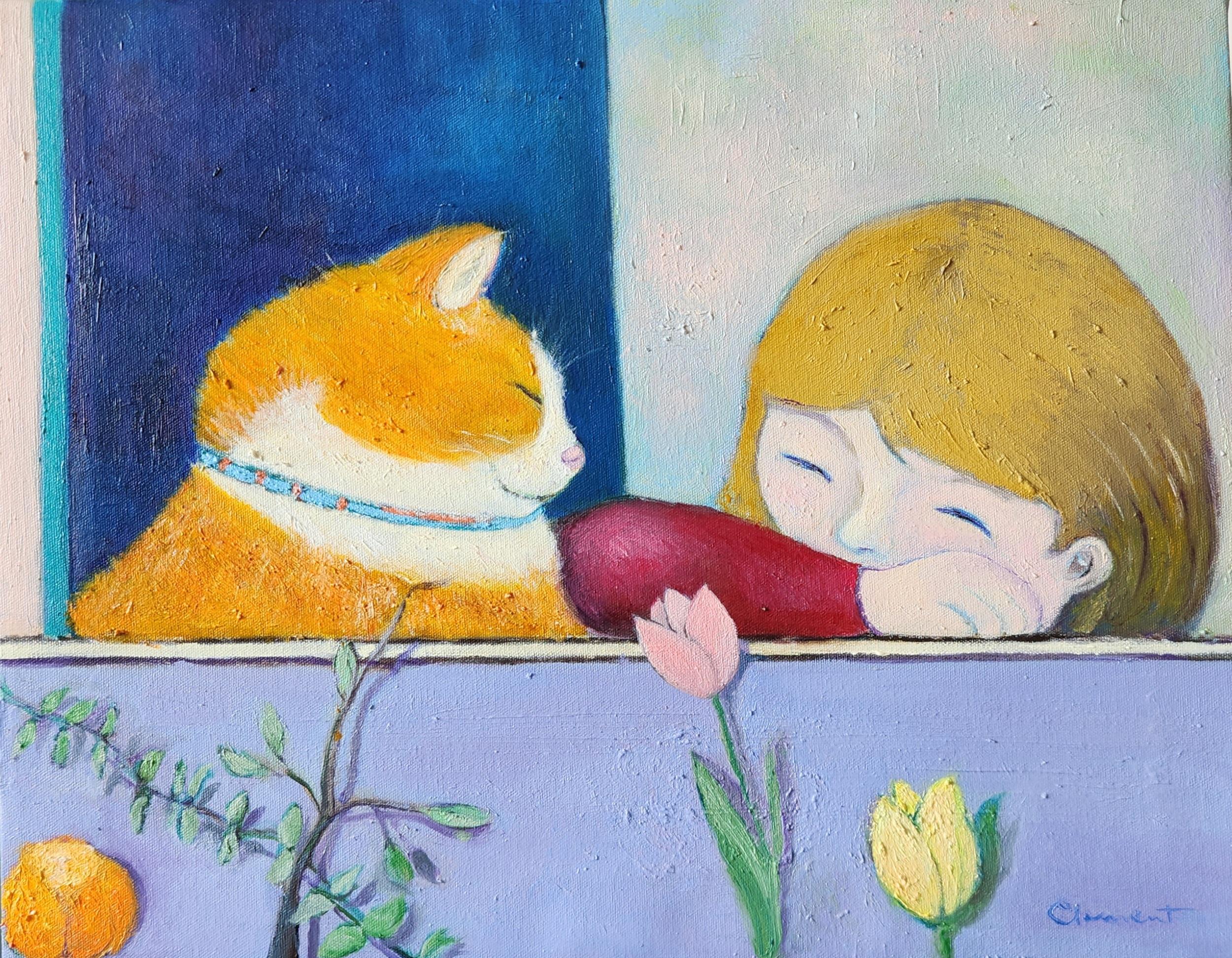 Clementine Chan Figurative Painting - "The Cat and I" figurative oil painting girl love trust relax happy time pet