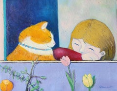"El gato y yo" pintura al óleo figurativa chica amor confianza relajarse feliz momento mascota