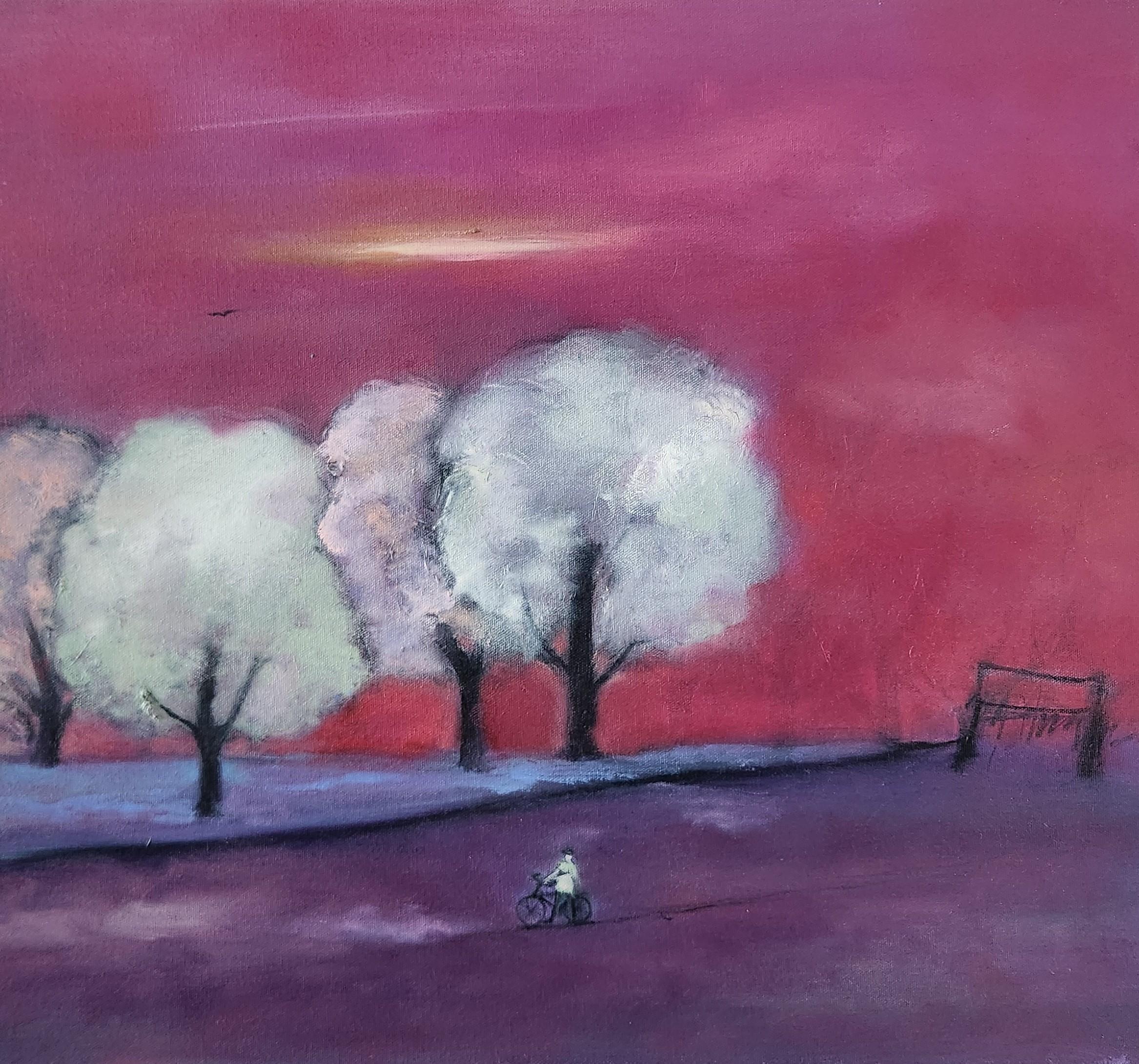 Clementine Chan Figurative Painting – "The Traveller"  Ölgemälde, figurative Freiheit, Einsamkeit, Ruhe, Landschaft
