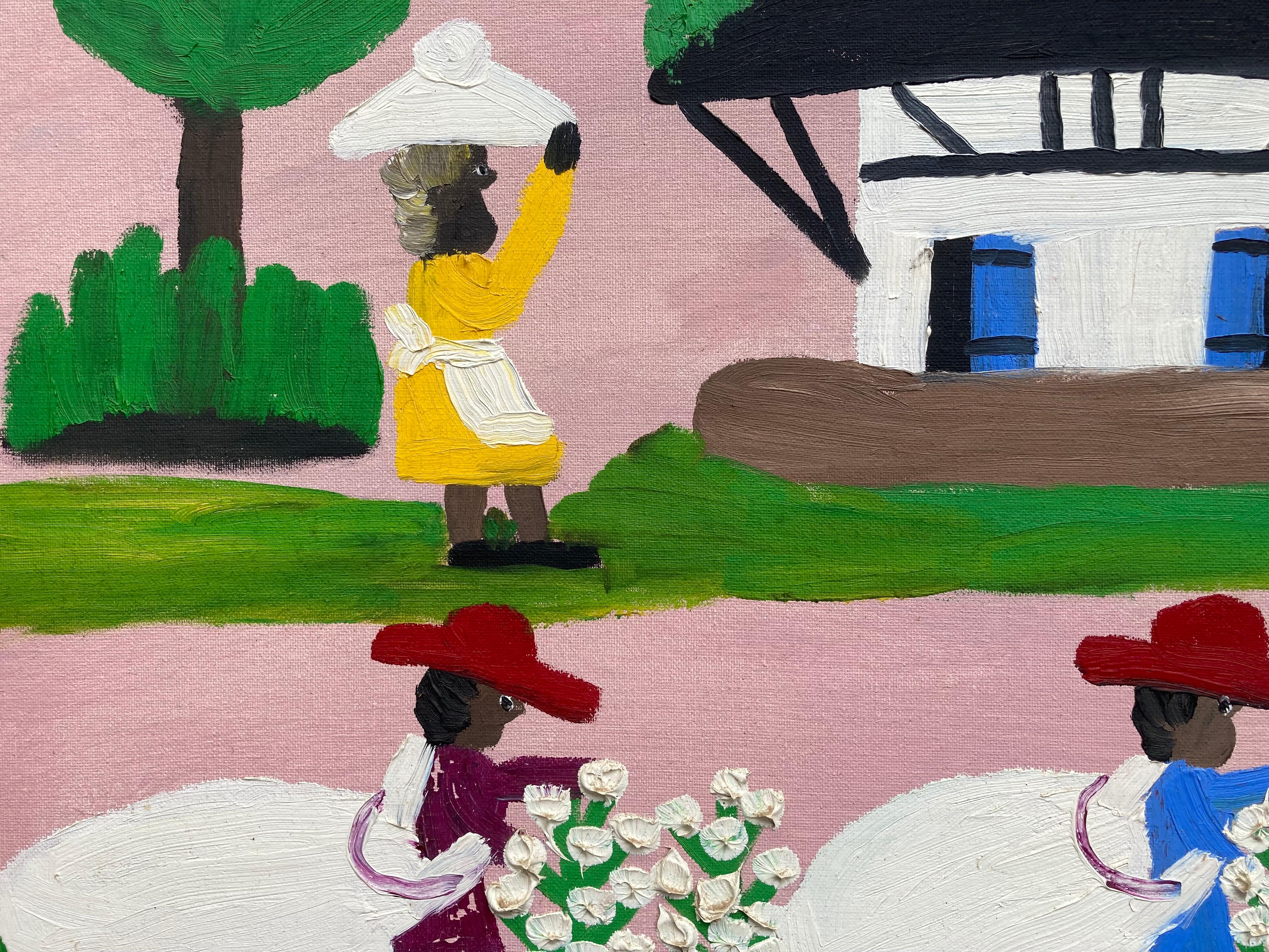 Cotton Picking with African House (Authenticated) - Painting by Clementine Hunter