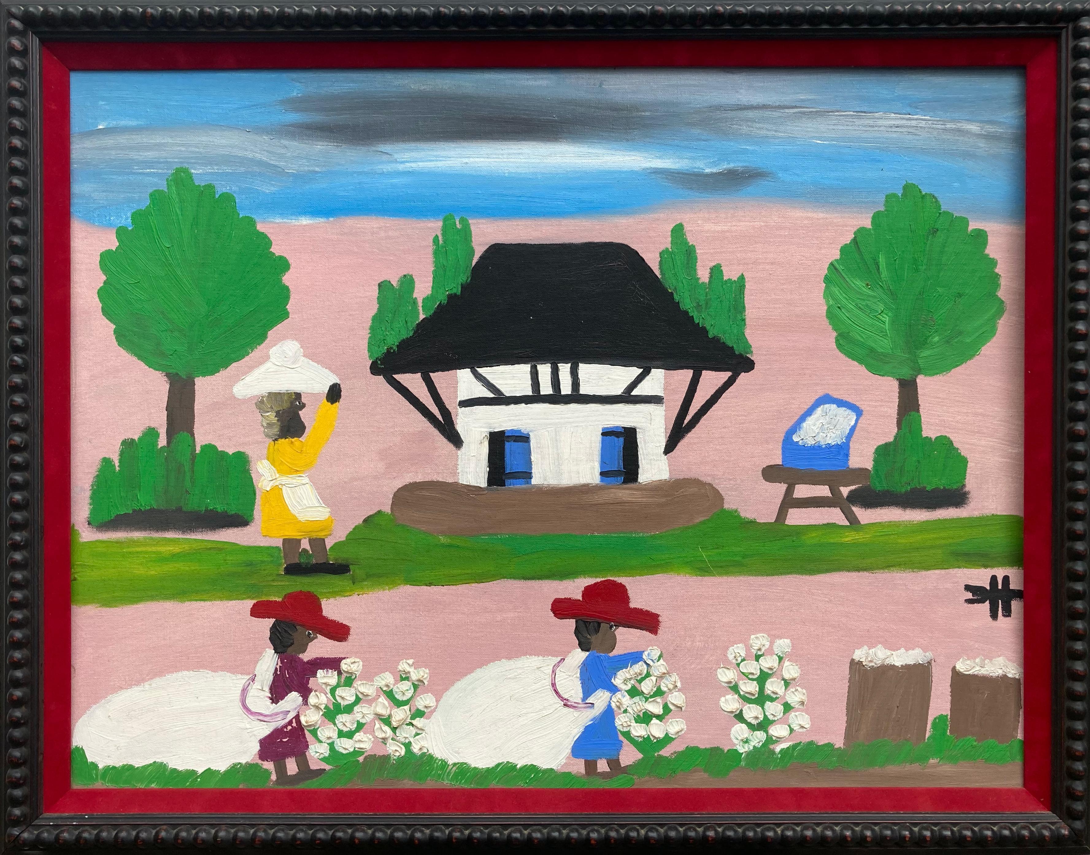 Clementine Hunter Figurative Painting - Cotton Picking with African House (Authenticated)