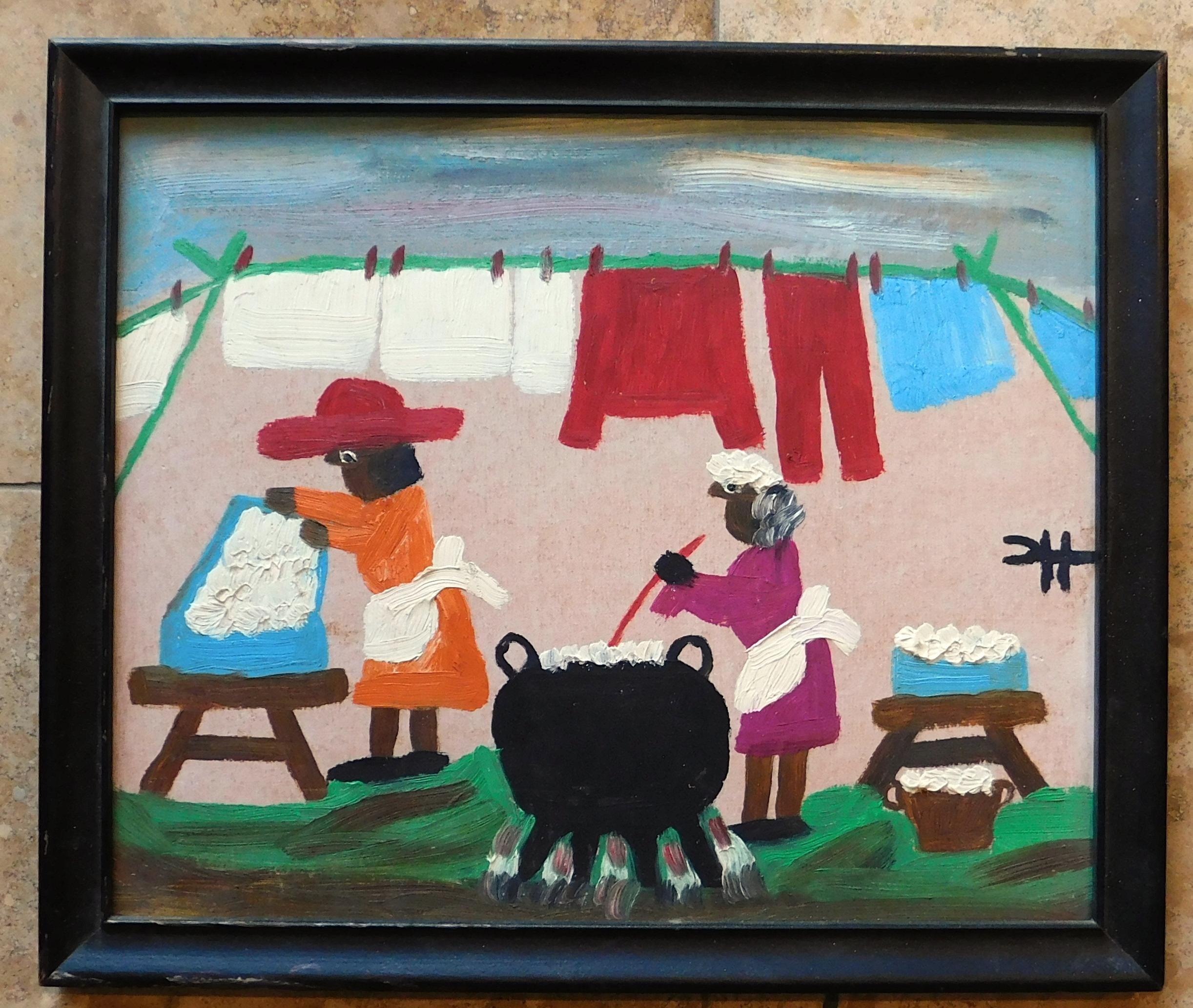 Wash Day Oil on Board - Painting by Clementine Hunter