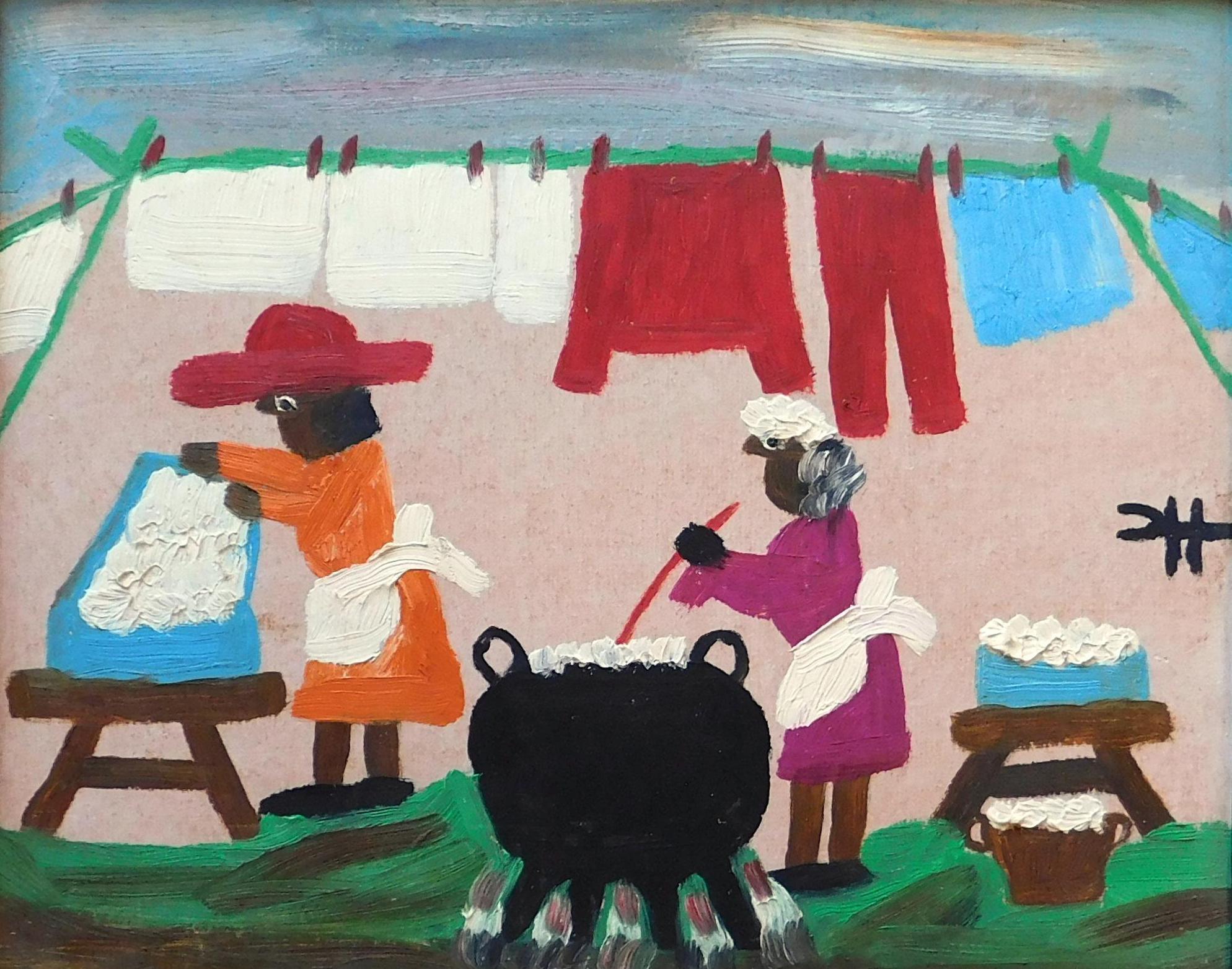 “Wash Day” subject by Louisiana folk artist Clementine Hunter (1887-1988).
This work is oil on board measuring 10 x 12. Frame is 10 3/4 x 12 3/4.
The work is well done and a good representation of one of her favorite subjects. 
Signed with her