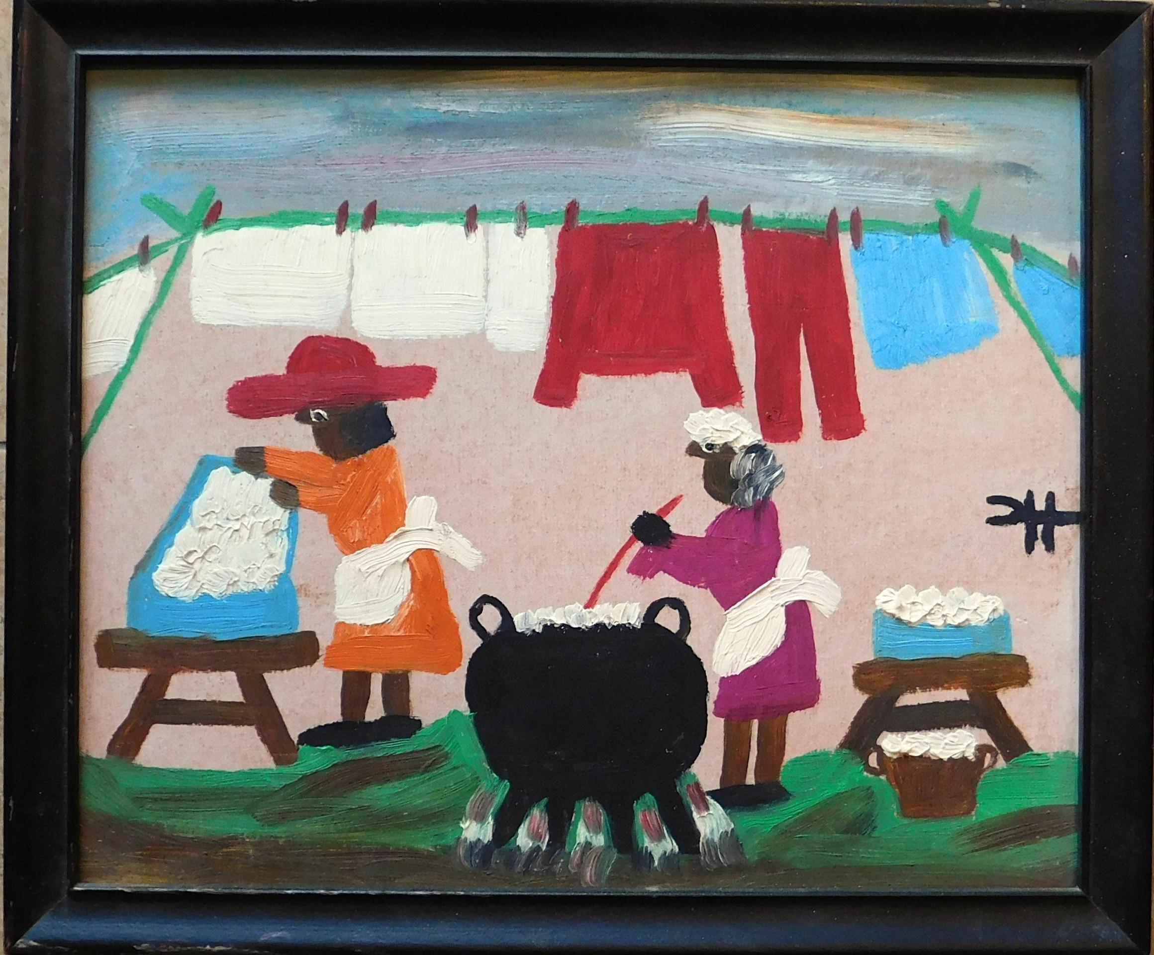 Clementine Hunter Figurative Painting - Wash Day Oil on Board