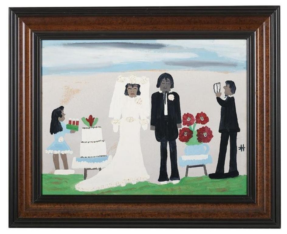 Hochzeit (Authenticated Clementine Hunter, gerahmtes schwarzes Volkskunstgemälde)