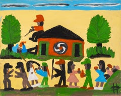 Clementine Hunter Saturday Night Original Oil on Canvas Board Signed 1983