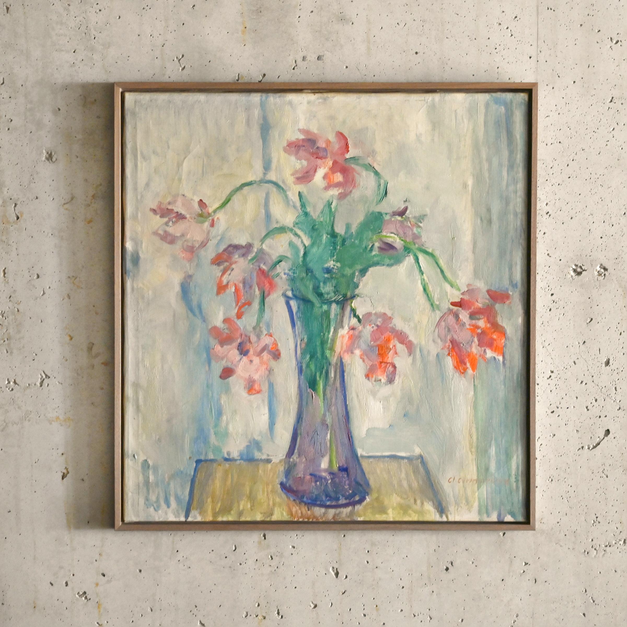 Modern Clemmen Clemmens Painting Flowers in Vase oil on canvas, Denmark 1960 For Sale