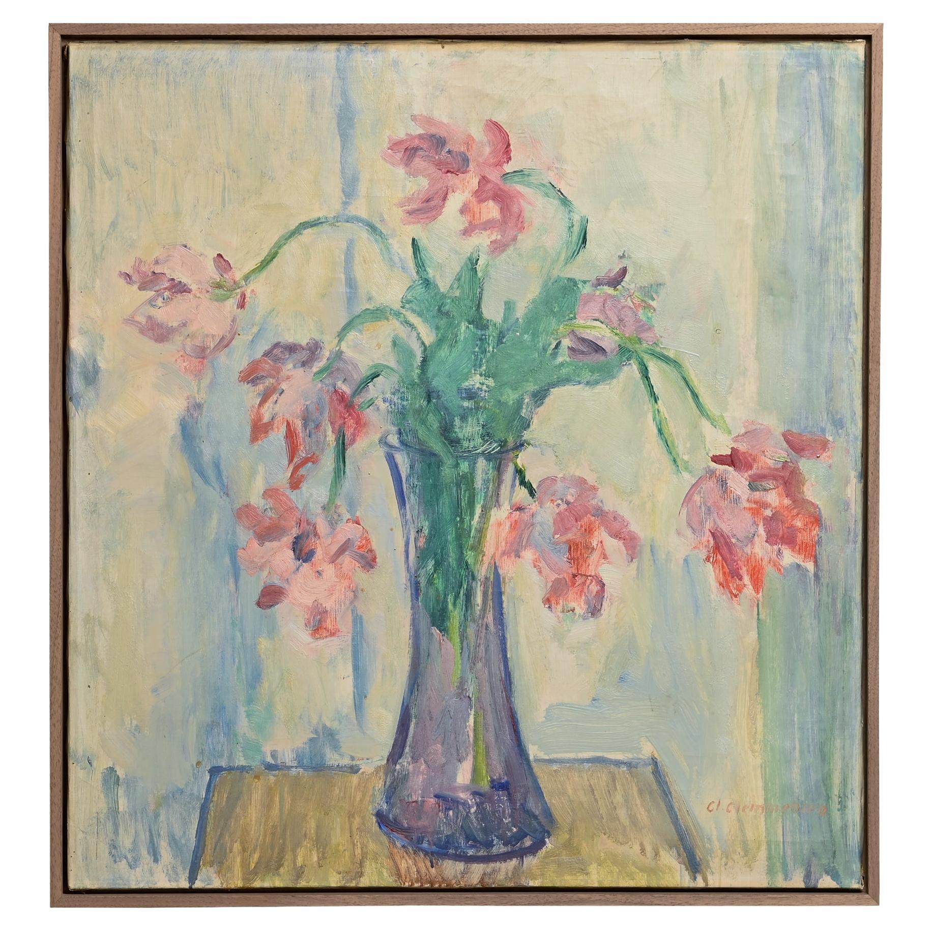 Clemmen Clemmens Painting Flowers in Vase oil on canvas, Denmark 1960 For Sale