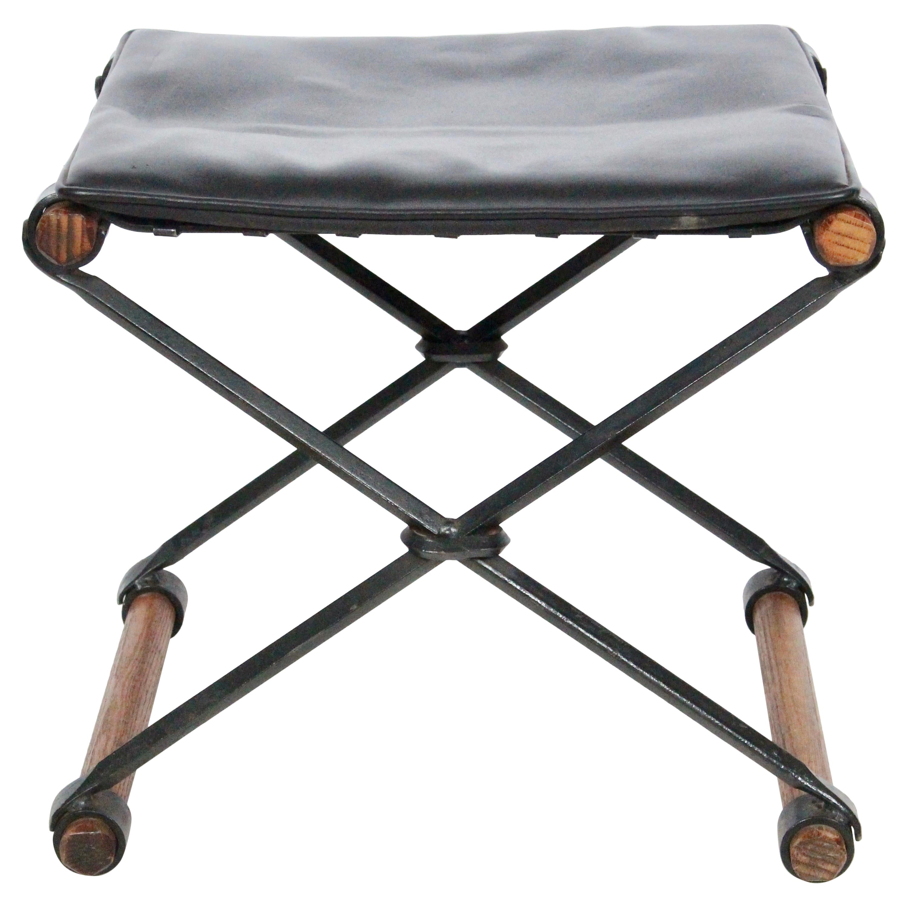 Cleo Baldon per Terra Furniture Sgabello da campagna in ferro, Oak e pelle, CIRCA 1970