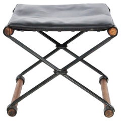 Cleo Baldon for Terra Furniture Iron, Oak & Leather Campaign Stool, Circa 1970