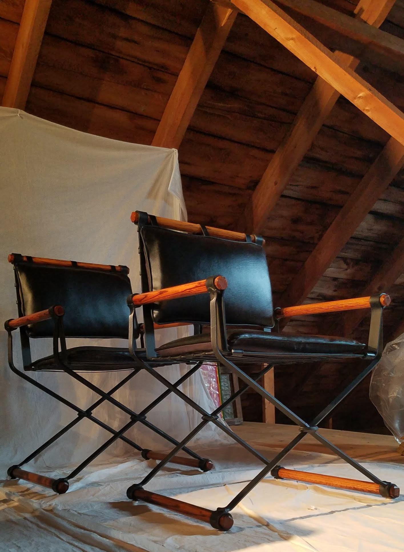 Cleo Baldon Outdoor Indoor Oak and Iron Campaign Chairs for Terra, 1960s In Good Condition In Camden, ME