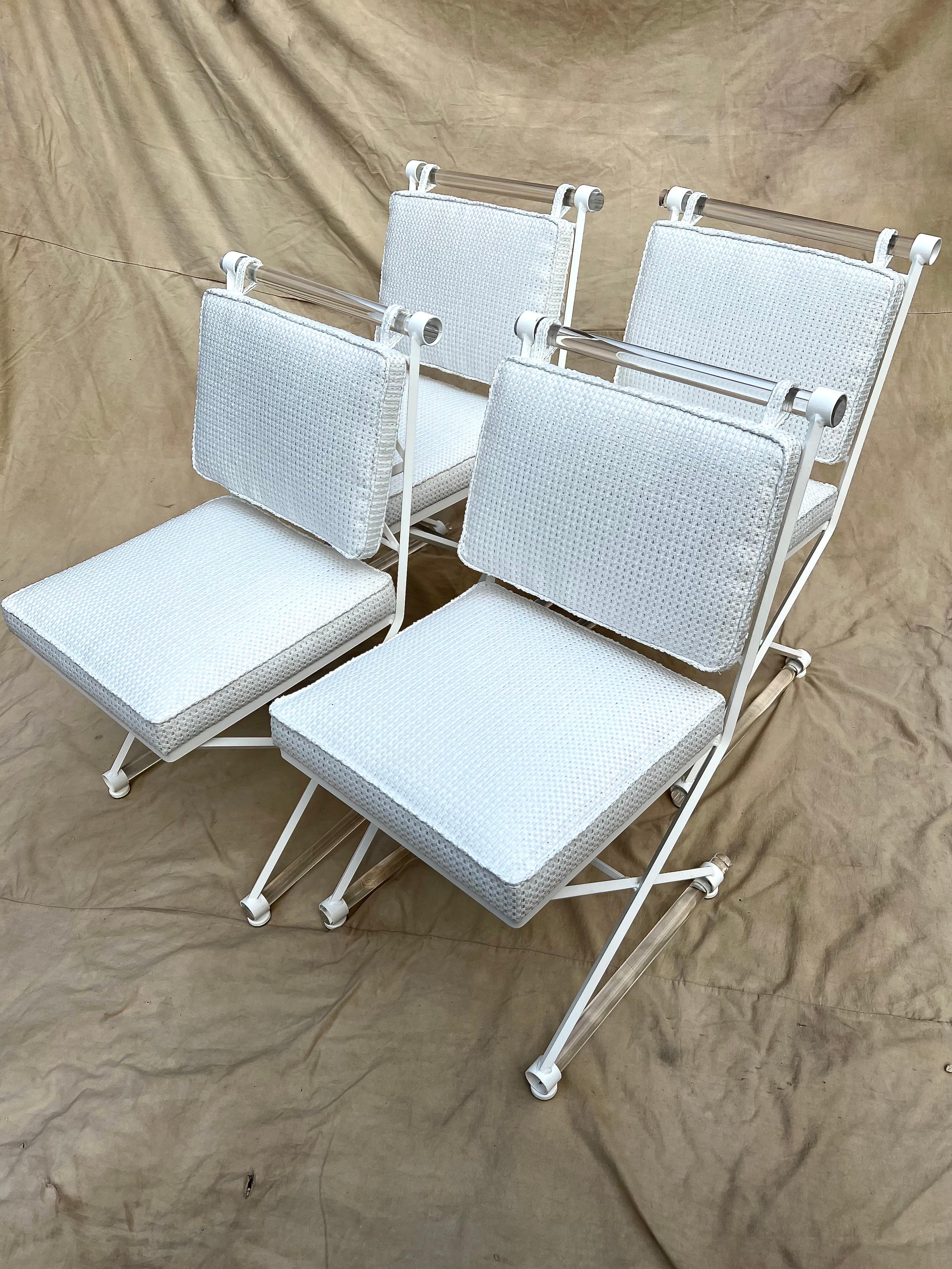 Cleo Baldon X-Form Chairs Restored with Acrylic Dowels and Sunbrella Upholstery In Good Condition For Sale In Los Angeles, CA