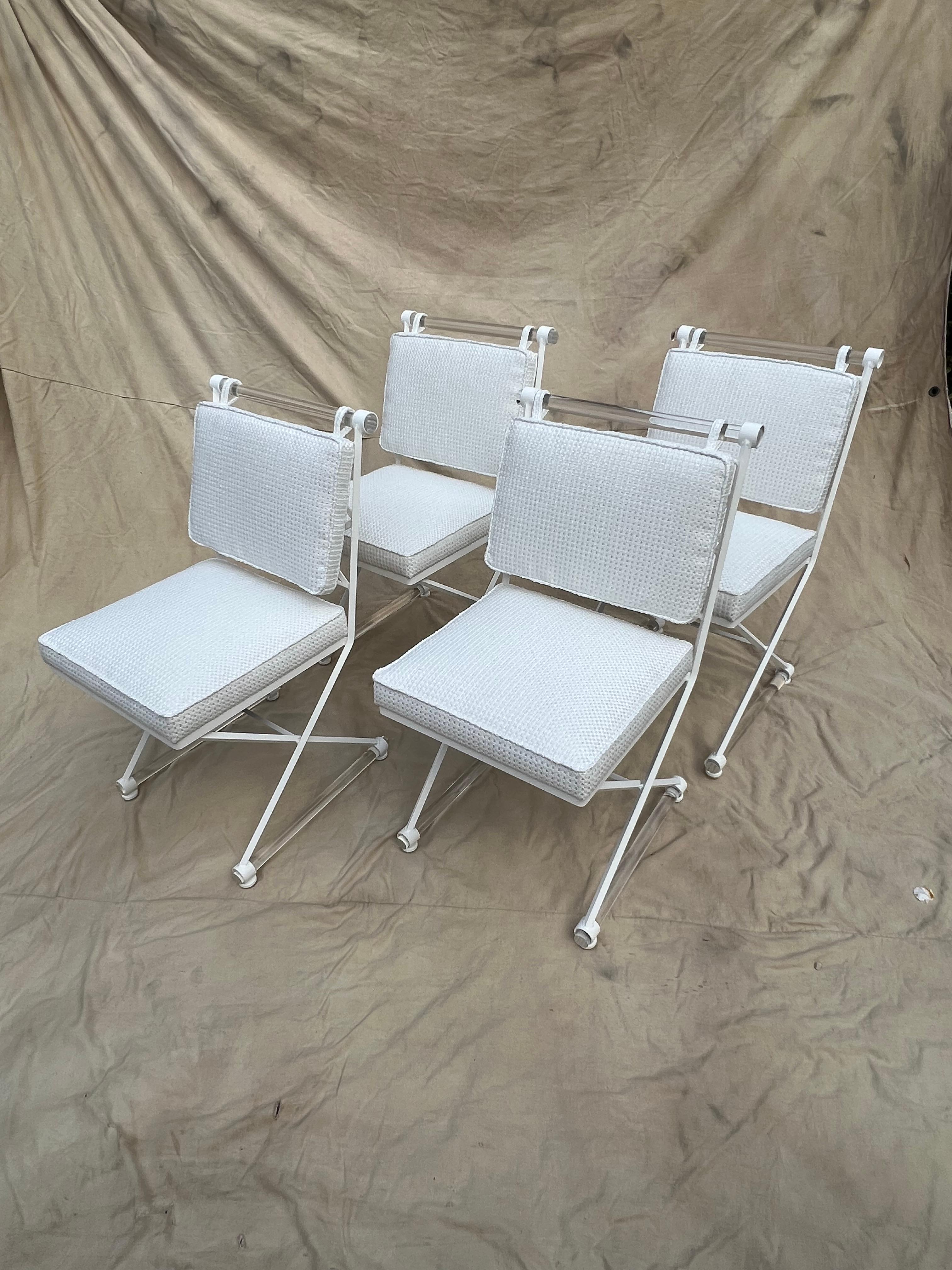 Metal Cleo Baldon X-Form Chairs Restored with Acrylic Dowels and Sunbrella Upholstery For Sale