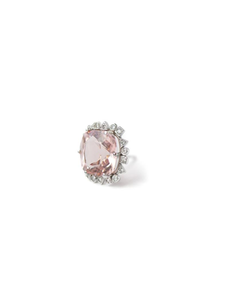 Soldered onto delicate posts are sparkling princess cut peach morganite gemstones surrounded by dazzling diamonds encrusted in a geometrical setting.

Art-Deco inspired this unique piece is feminine and perfect for everyday or evening wear.