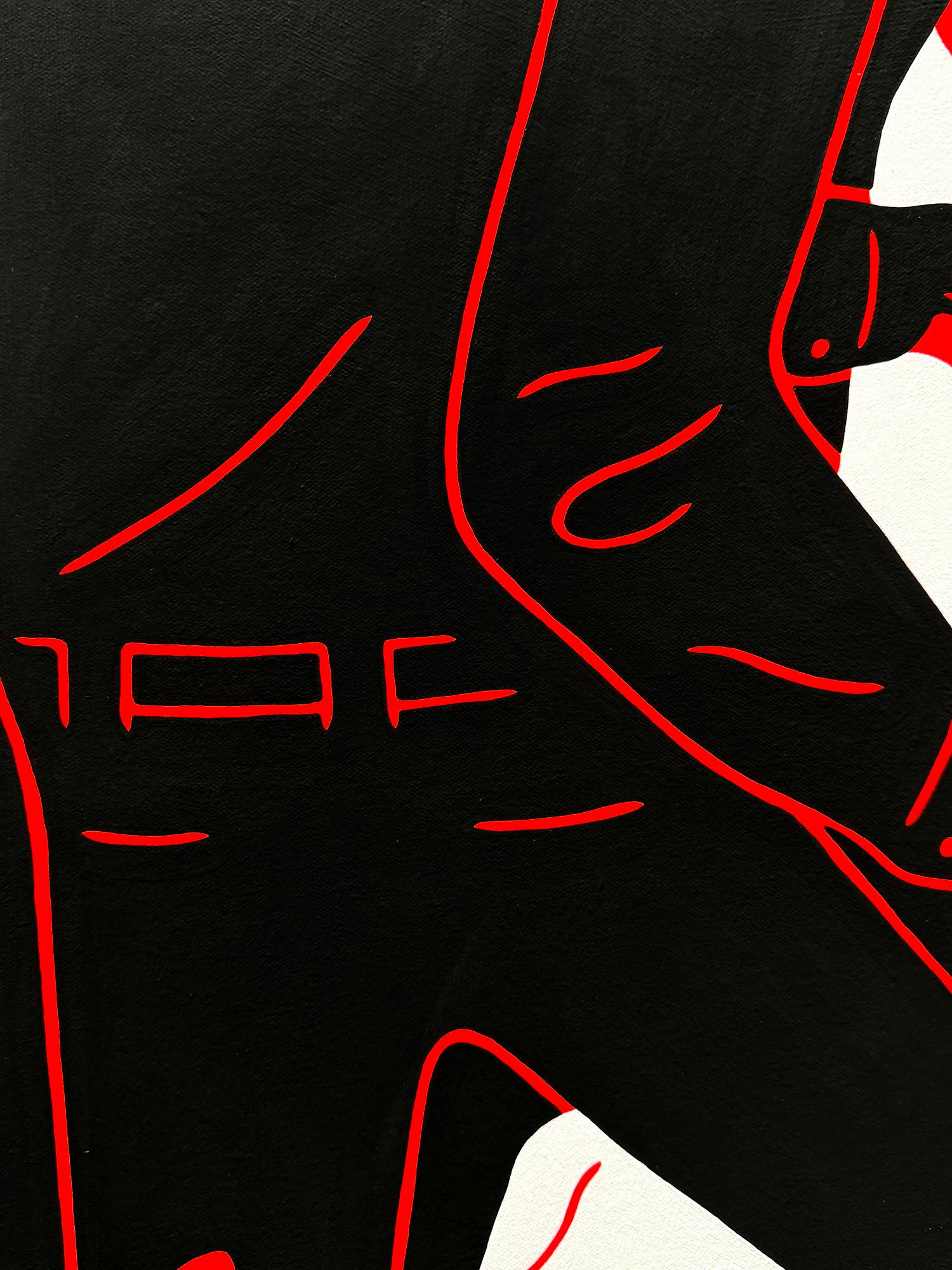 Tirón con la Violencia Callejera del Club representada en alto contraste de rojo como el resplandor del día y negro como la tinta. 
Sin título, 2018
Acrílico sobre lienzo
91,4 x 61,6 cm (36 x 24-1/4 pulgadas)
Firmado y fechado a lápiz en el