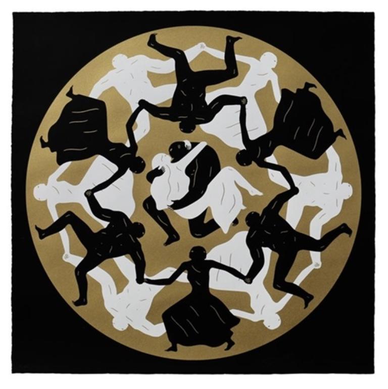 Experimenta el arte intenso e impactante de Cleon Peterson con su grabado "Sueño negro sin fin". Esta serigrafía hecha a mano, creada en 2016, presenta la característica combinación de colores negro y dorado de Peterson. Impresa en papel Coventry
