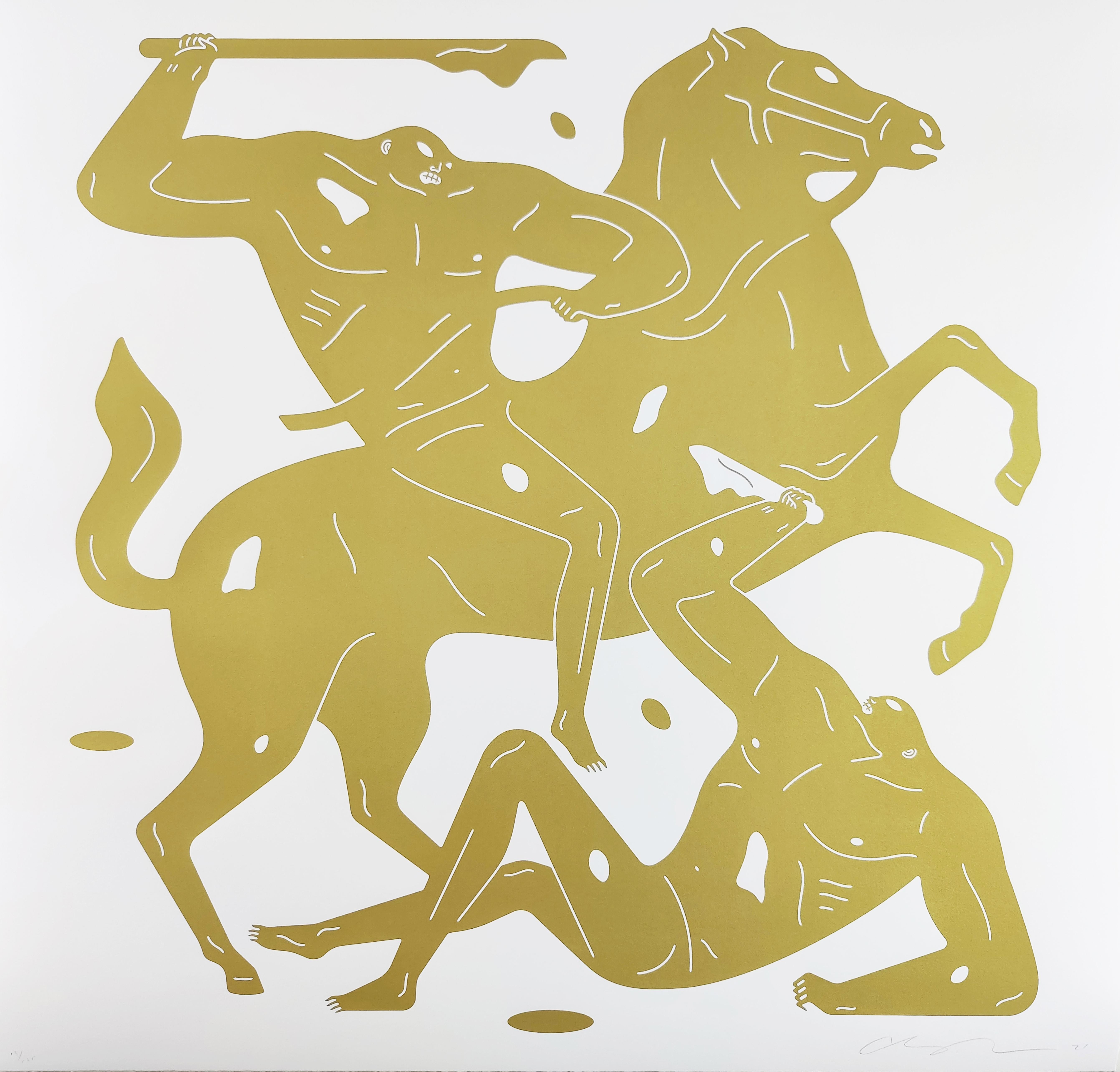 'Into the Night MMXXI' by Cleon Peterson, 2021, (Gold)
32 x 32 Inches Hand-pulled screen print on 290gsm Coventry Rag paper with deckled edges.
Limited Edition of 125.
Signed, dated and numbered by the artist.

Cleon Peterson is an LA based artist