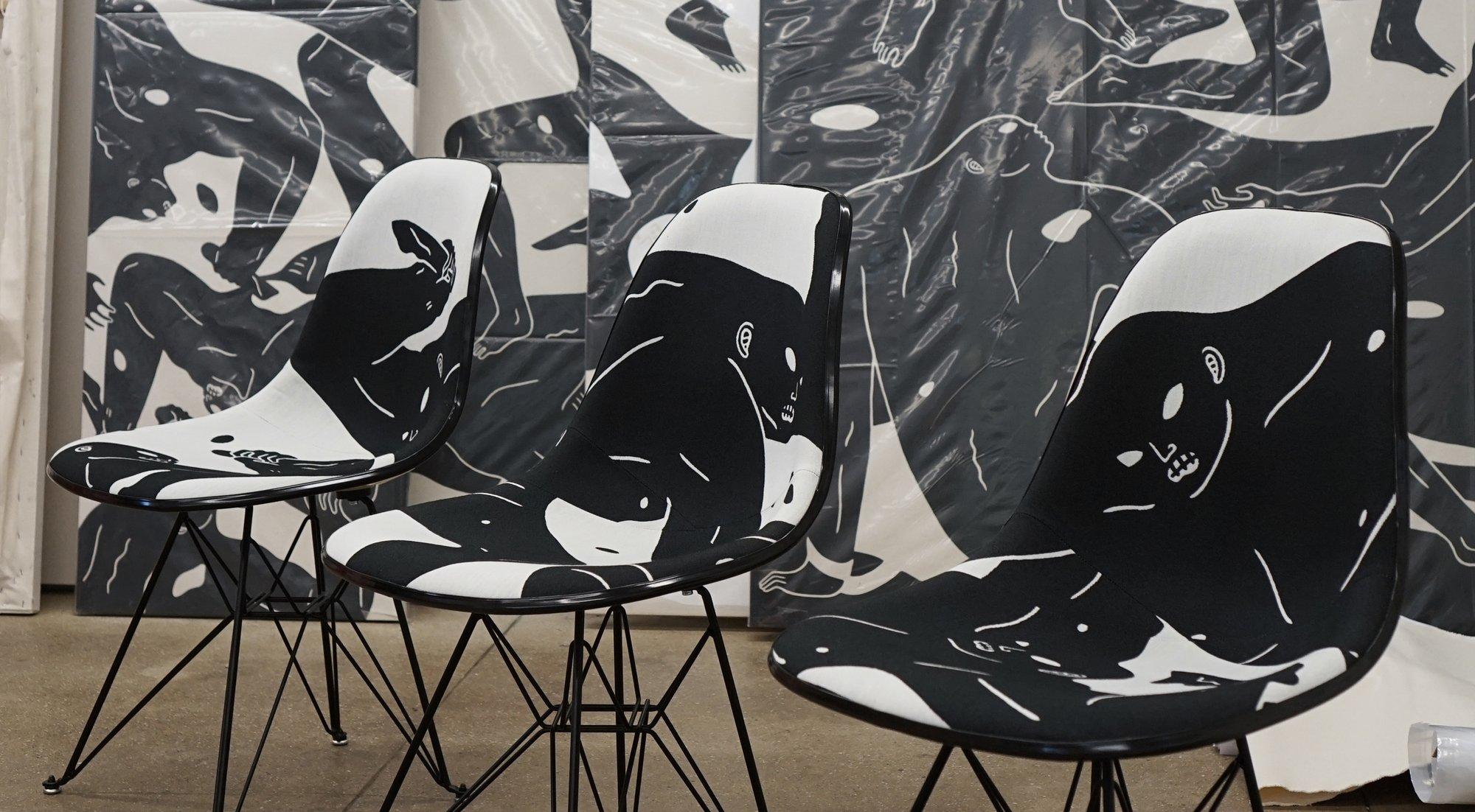 Museum of Contemporary Art Denver X Modernica Full Set of 3 Chairs Henry Eames - Black Abstract Sculpture by Cleon Peterson