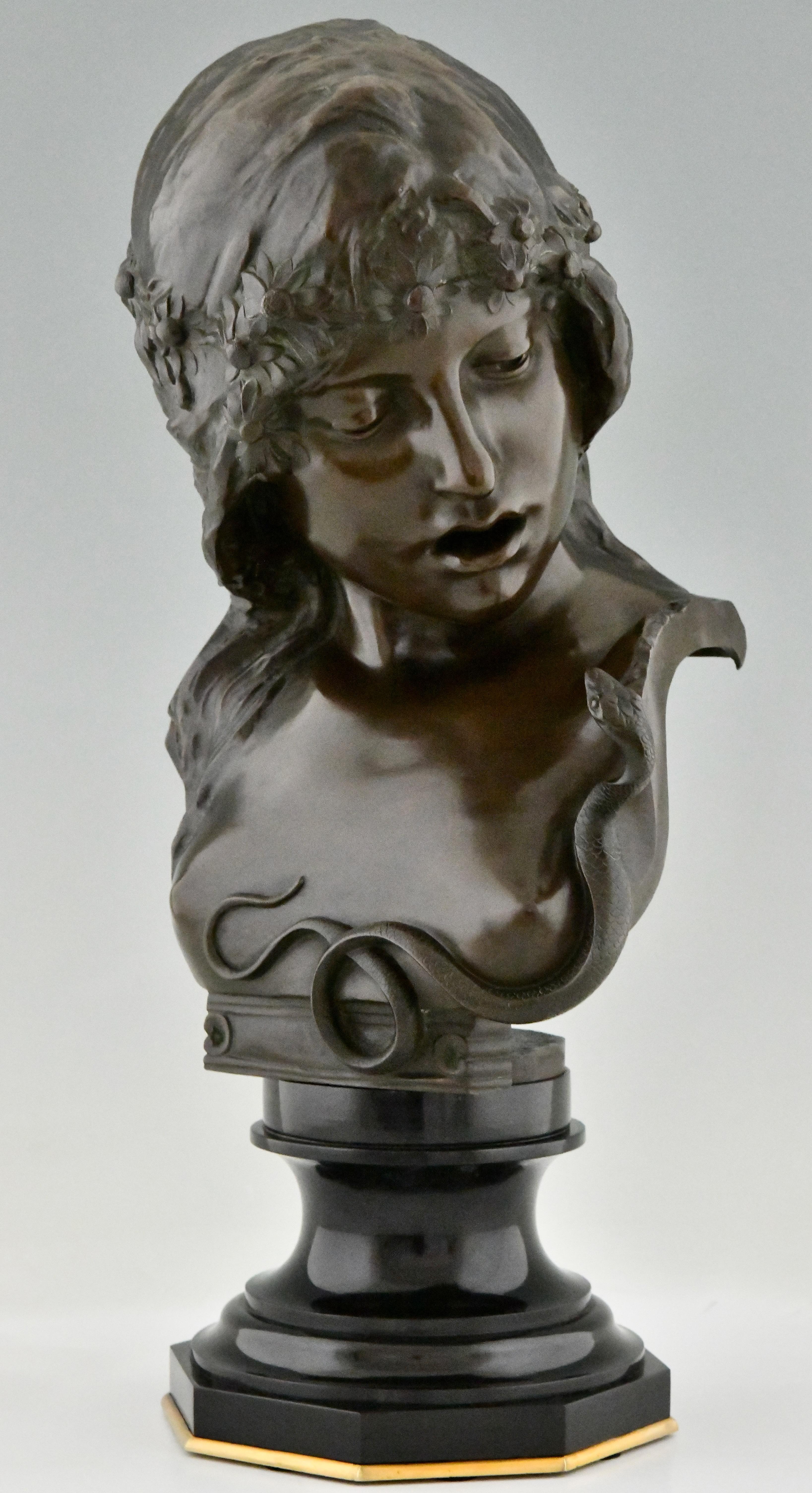 Belgian Cleopatra Art Nouveau bronze bust woman with snake by Isidore De Rudder For Sale
