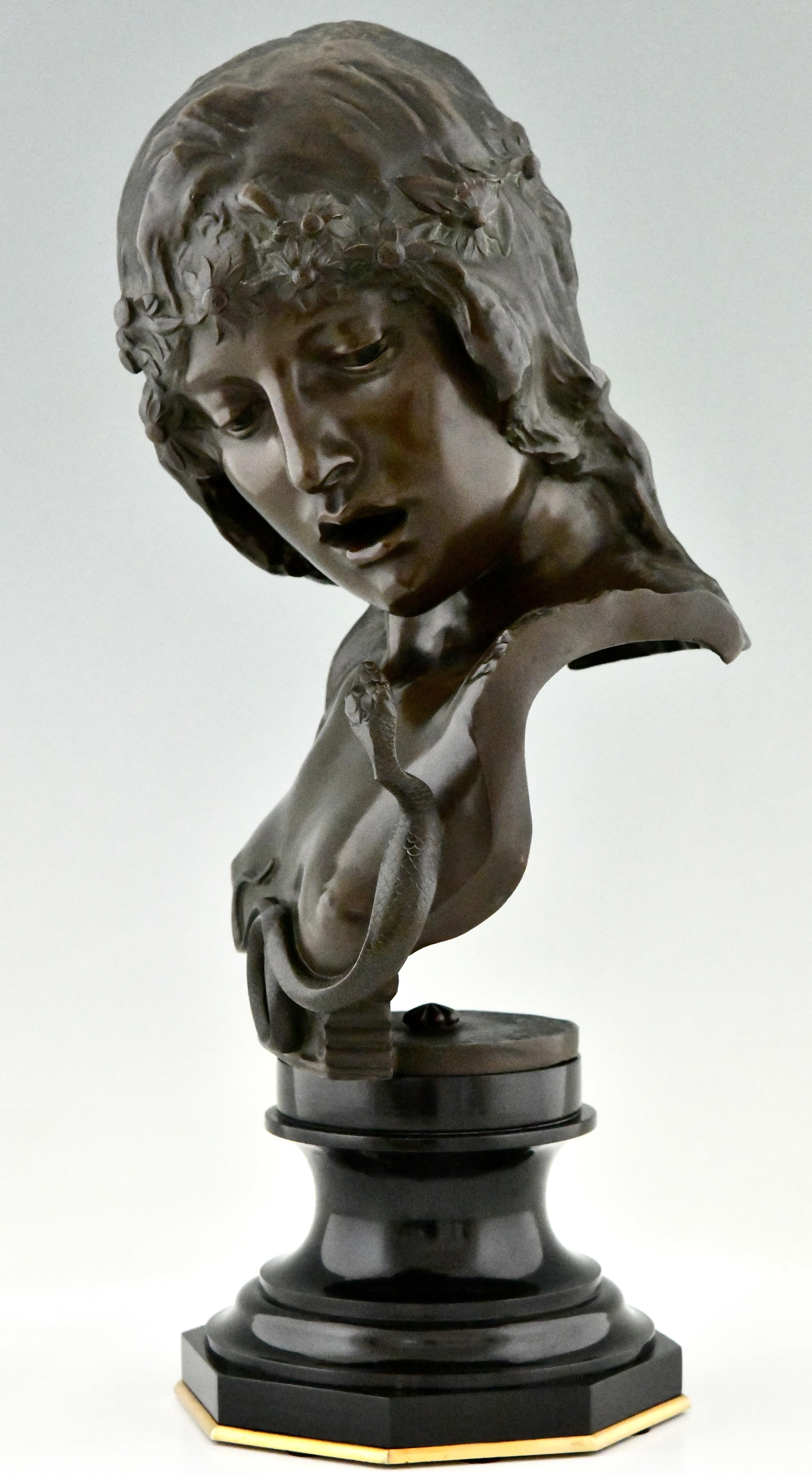 Patinated Cleopatra Art Nouveau bronze bust woman with snake by Isidore De Rudder For Sale