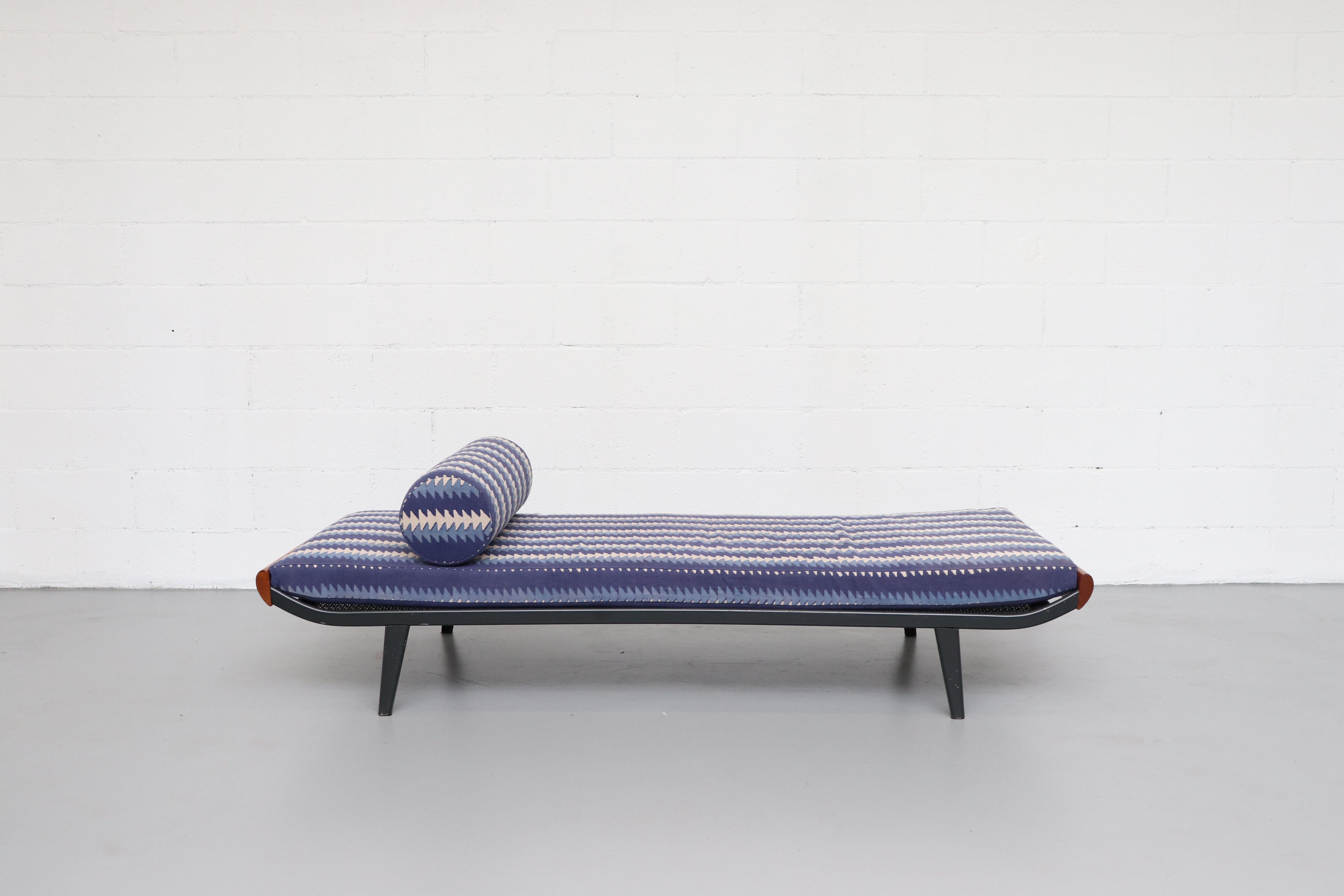 Part of our special limited edition collaboration with Los Angeles textile studio Block Shop. 1960s Cleopatra-style daybed by A.R. Cordemeyer for Auping with teak ends and dark charcoal grey enameled metal frame with 