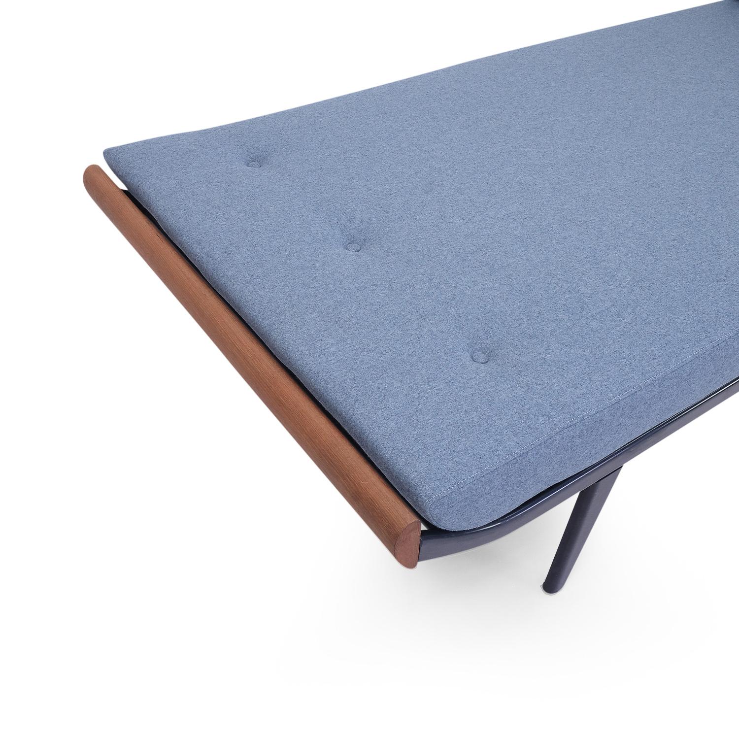 Vintage modernist Industrial daybed designed by Dick Cordemijer for Auping (the Netherlands) during the 1950s.

New high-quality blue woolen upholstery and foam; the daybed can be used as both a sofa and spare bed. The cover features a zipper on